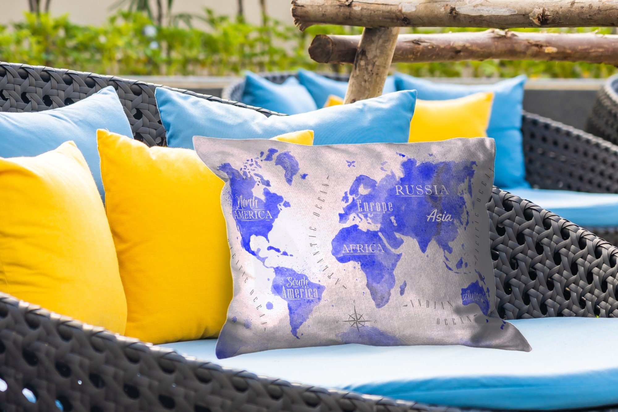 Polyester, - Dekokissenbezug, - Weltkarte Aquarell Outdoor-Dekorationskissen, Blau, Kissenhülle MuchoWow Dekokissen