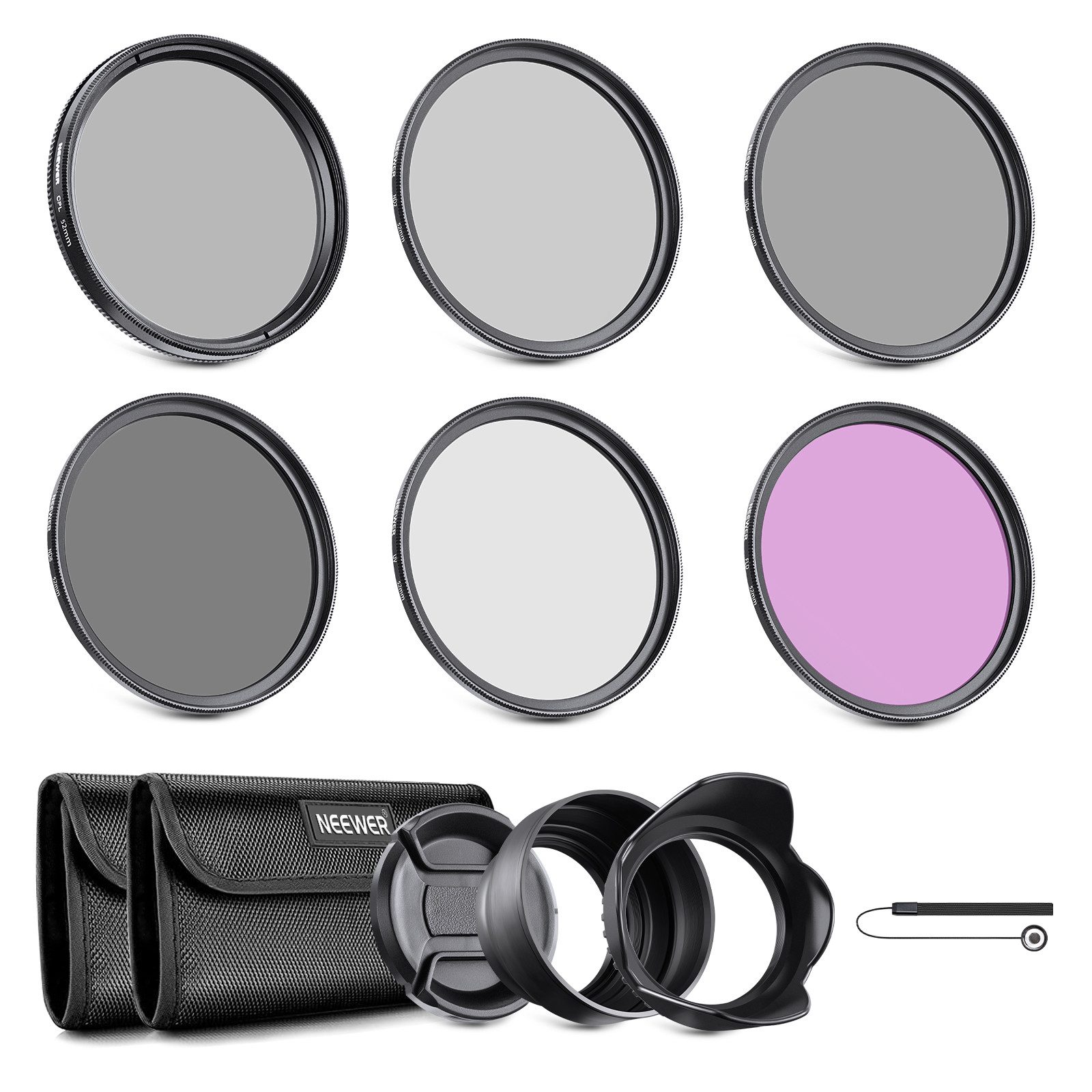 Neewer NW SERIES B 52mm Filter Set UV/CPL/ND2-ND8 für Canon Nikon Sony Foto-Filter-Sets (Faltbare Gummi-Gegenlichtblende)