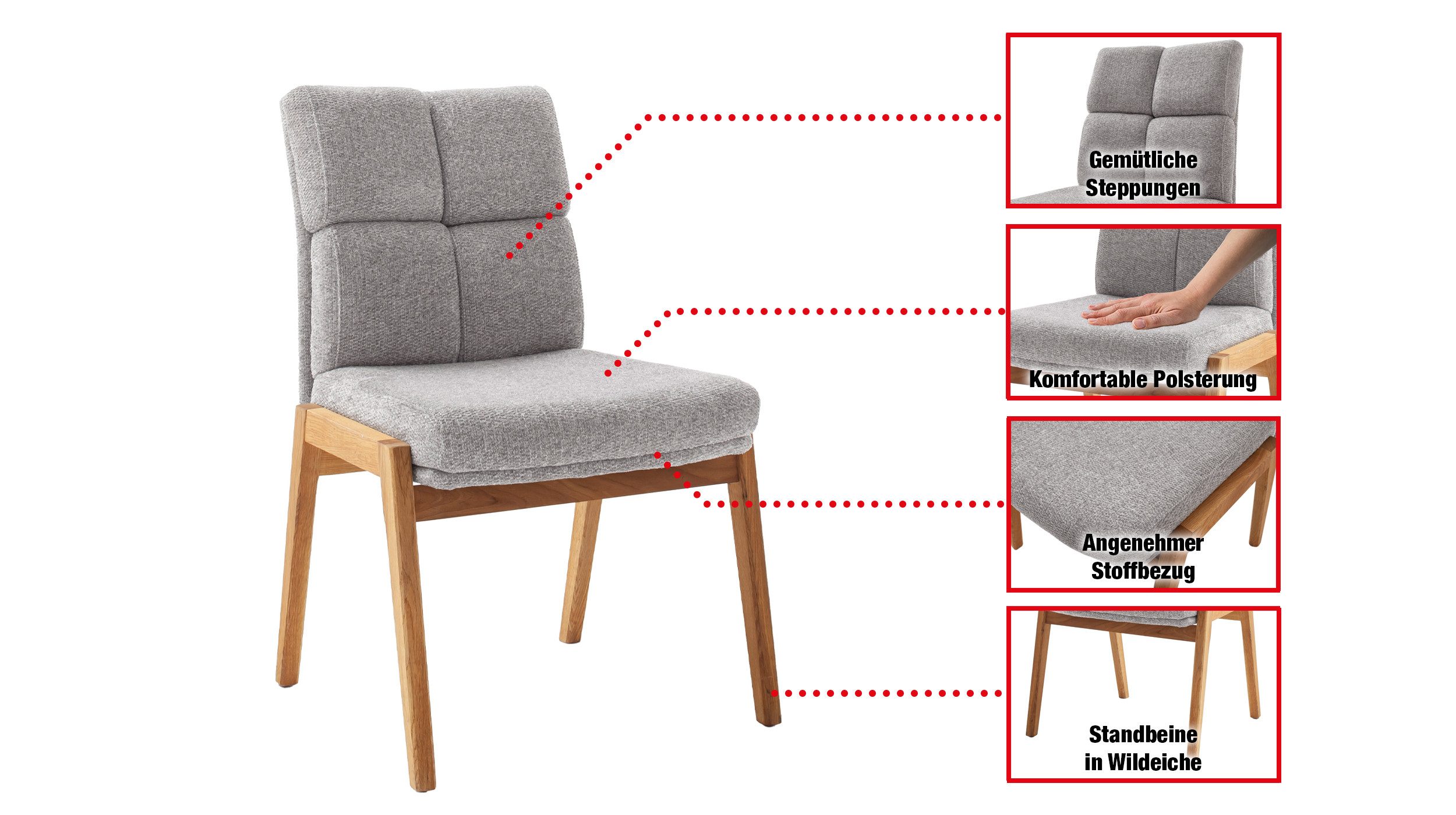 Massivart® Polsterstuhl Esszimmerstuhl, Stoffbezug grau, stilvolle Steppung »LAUREN«, gepolstertes Sitzerlebnis · Gestell Wildeiche massiv