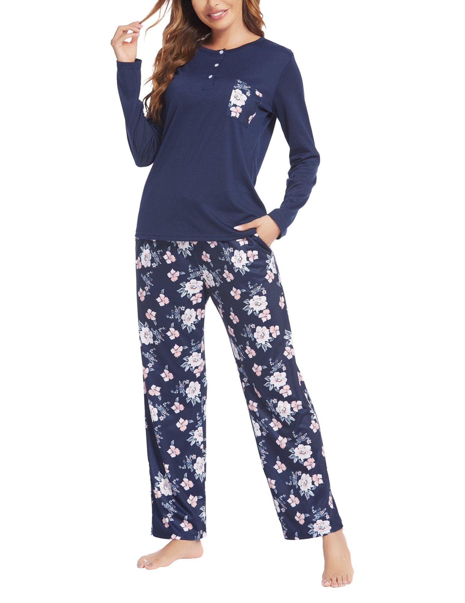 Sarfly Pyjama Damen-Pyjama-Set mit Taschen, Langarm-Shirt und Pyjama-Hose Loungewear-Set, Pyjama-Set mit drei Knöpfen Navy blau