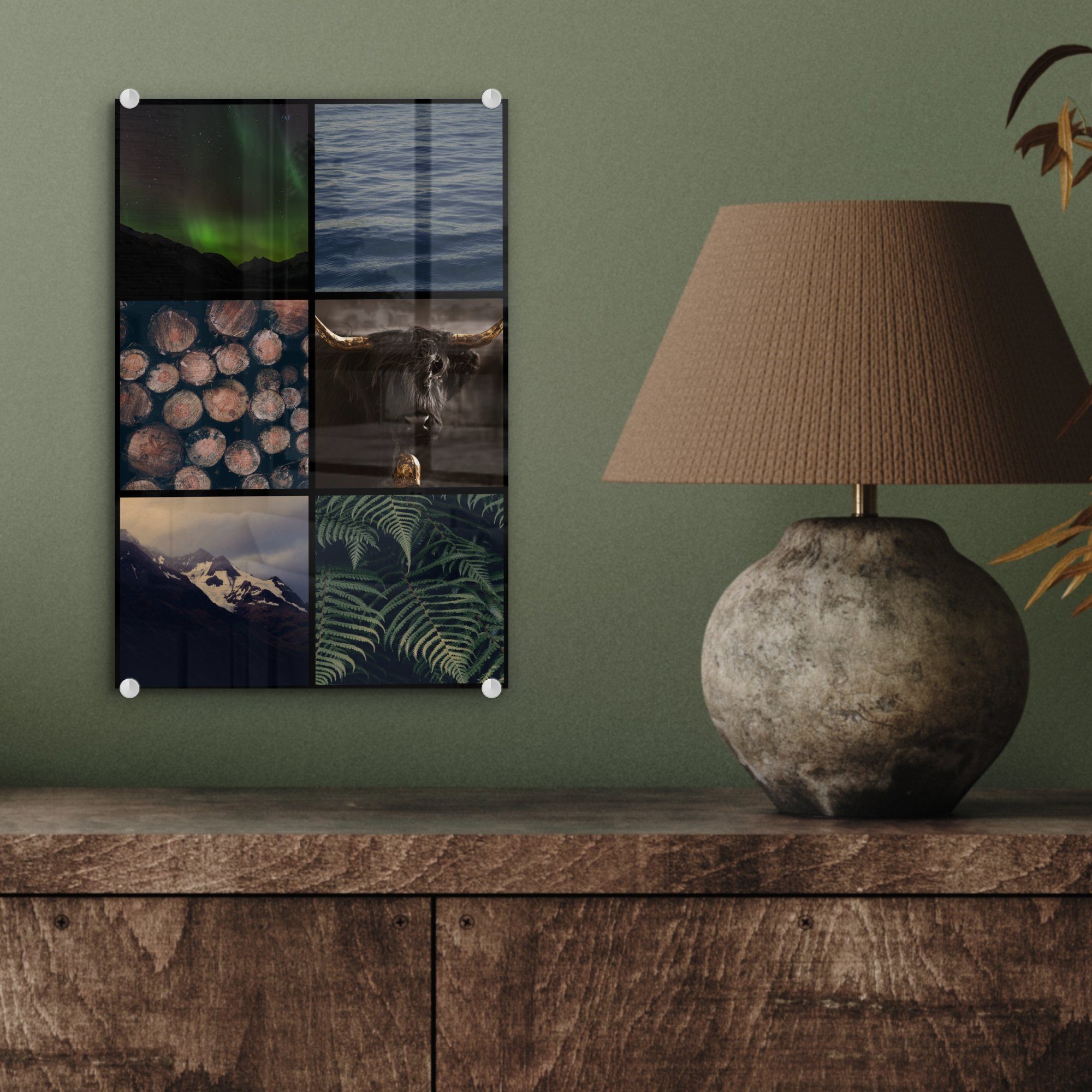 Schottische Glas Acrylglasbild Pflanzen Bilder - St), Wandbild Wanddekoration MuchoWow auf Glasbilder Foto Glas auf Holz, - (1 - - Collage - Highlander -