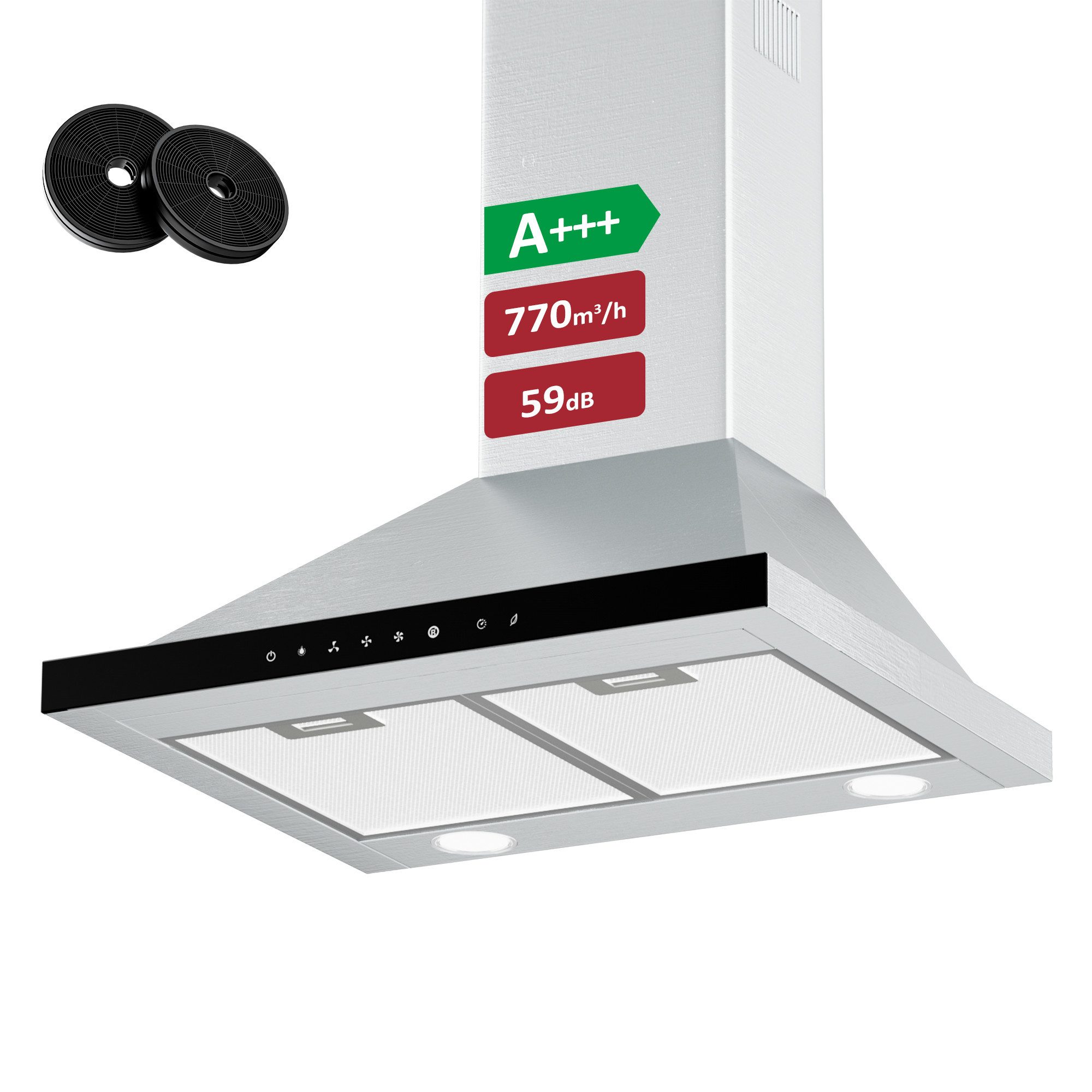 Levivo Wandhaube A+++ Dunstabzugshaube 60cm Umluft & Abluft mit 770 m³/h A+++ Dunstabzugshaube 60cm Umluft & Abluft mit 770 m³/h, Aktivkohlefiltern, Fettfiltern, LED-Beleuchtung
