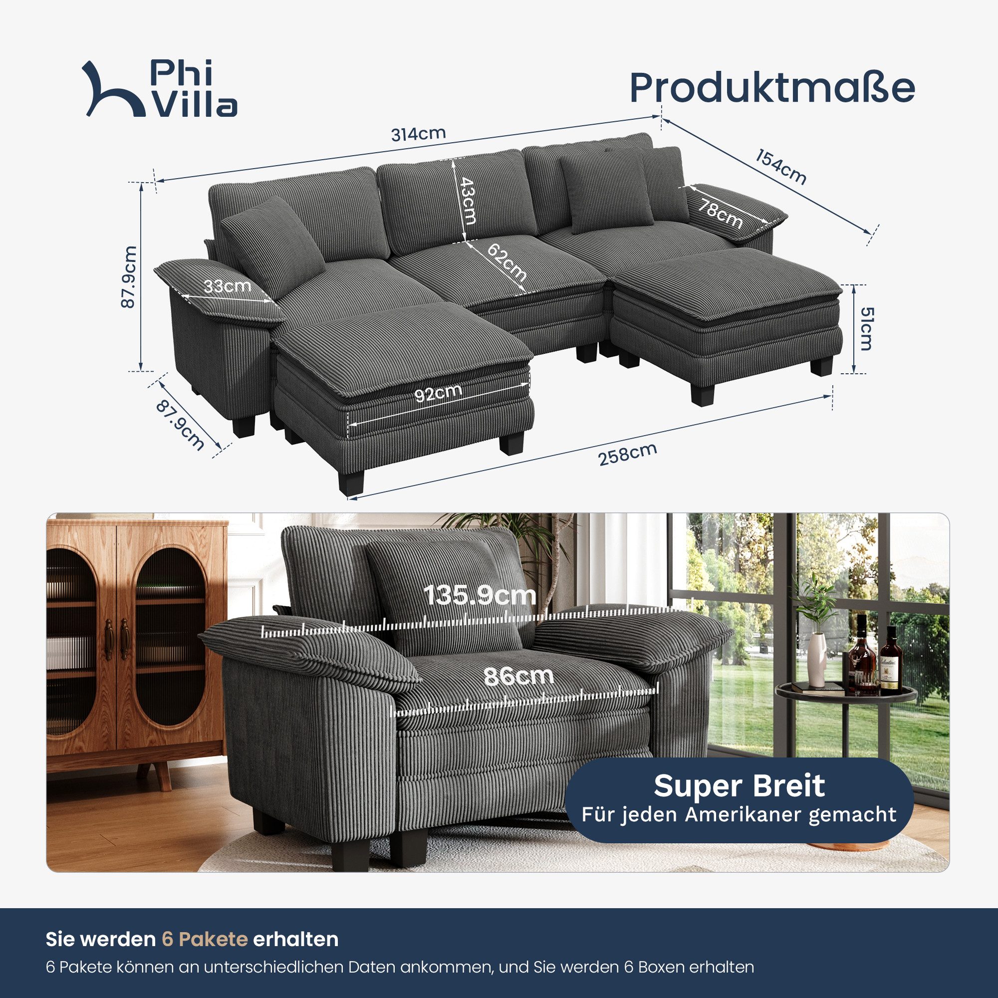 PHI VILLA Ecksofa L-Form Couch, 4-6-Sitzer-Sofa, Modulare Sofas inklusive Zierkissen und Ottomane für das Wohnzimmer