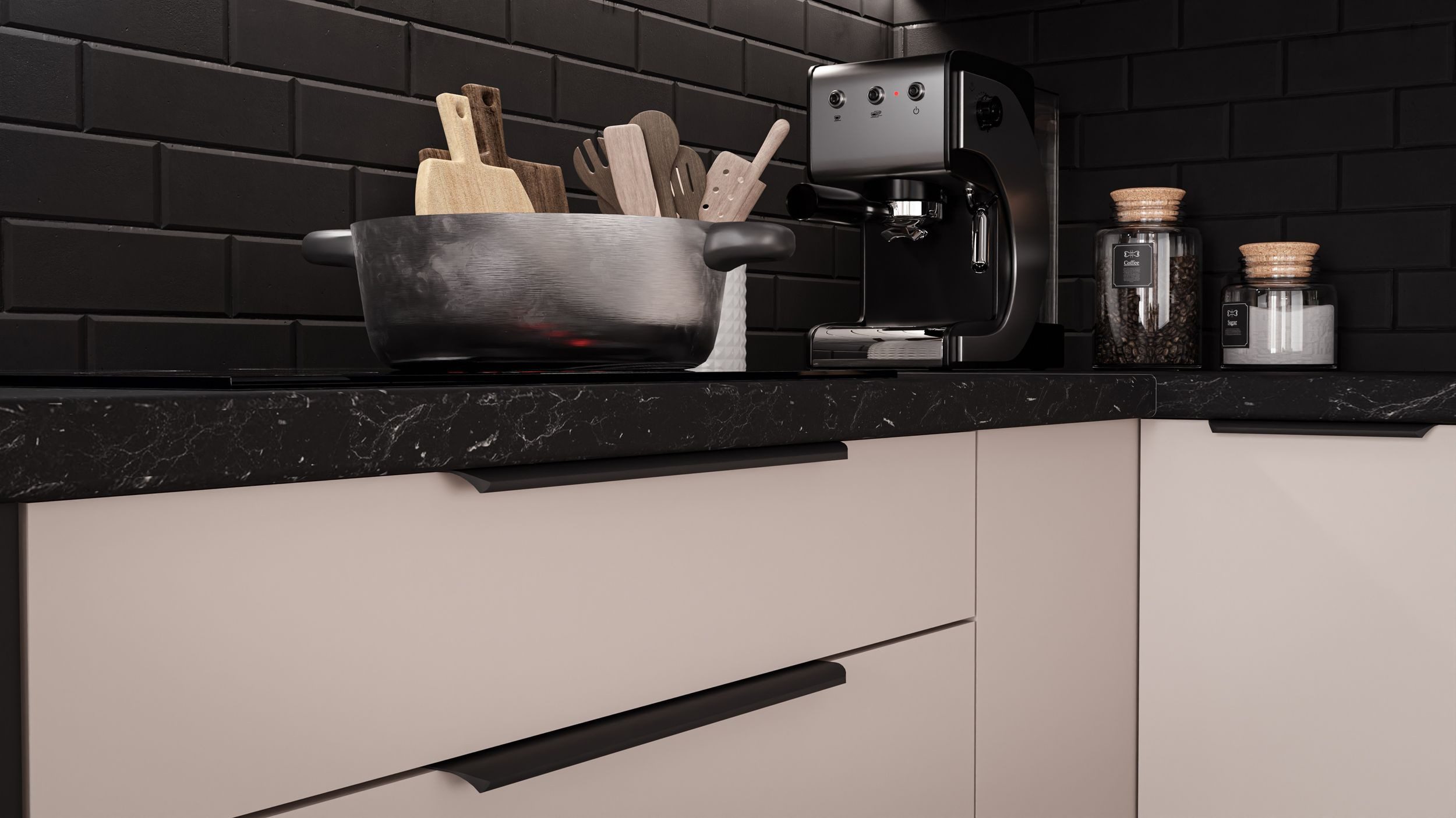 Küchen-Preisbombe Winkelküche ARONA 280x270 cm Küchenzeile Küchenblock Küche Kaschmir beige Schwarz