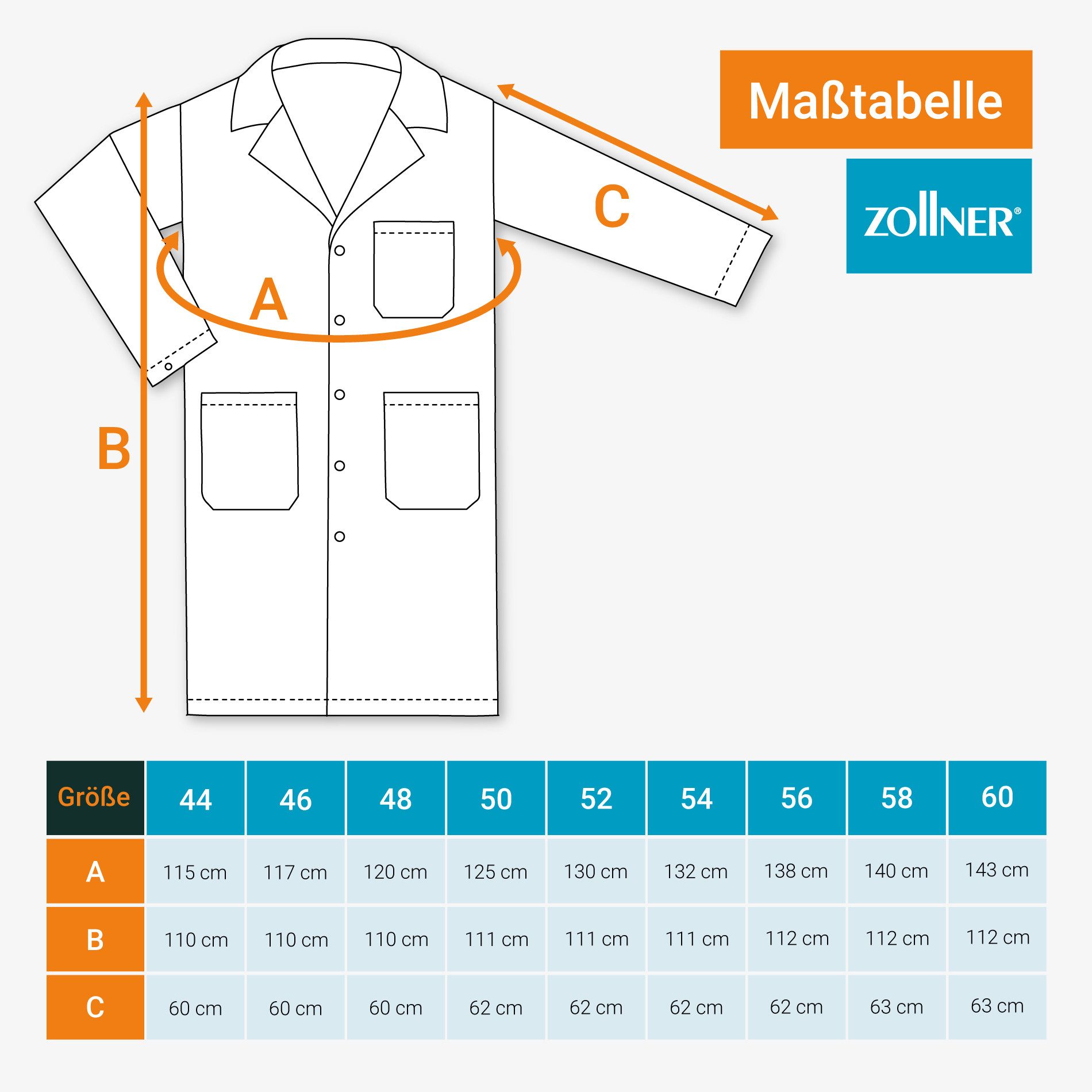 ZOLLNER Arztkittel 65% Polyester, 35% Baumwolle, Größe 44-56, weiß, mit Druckknöpfe