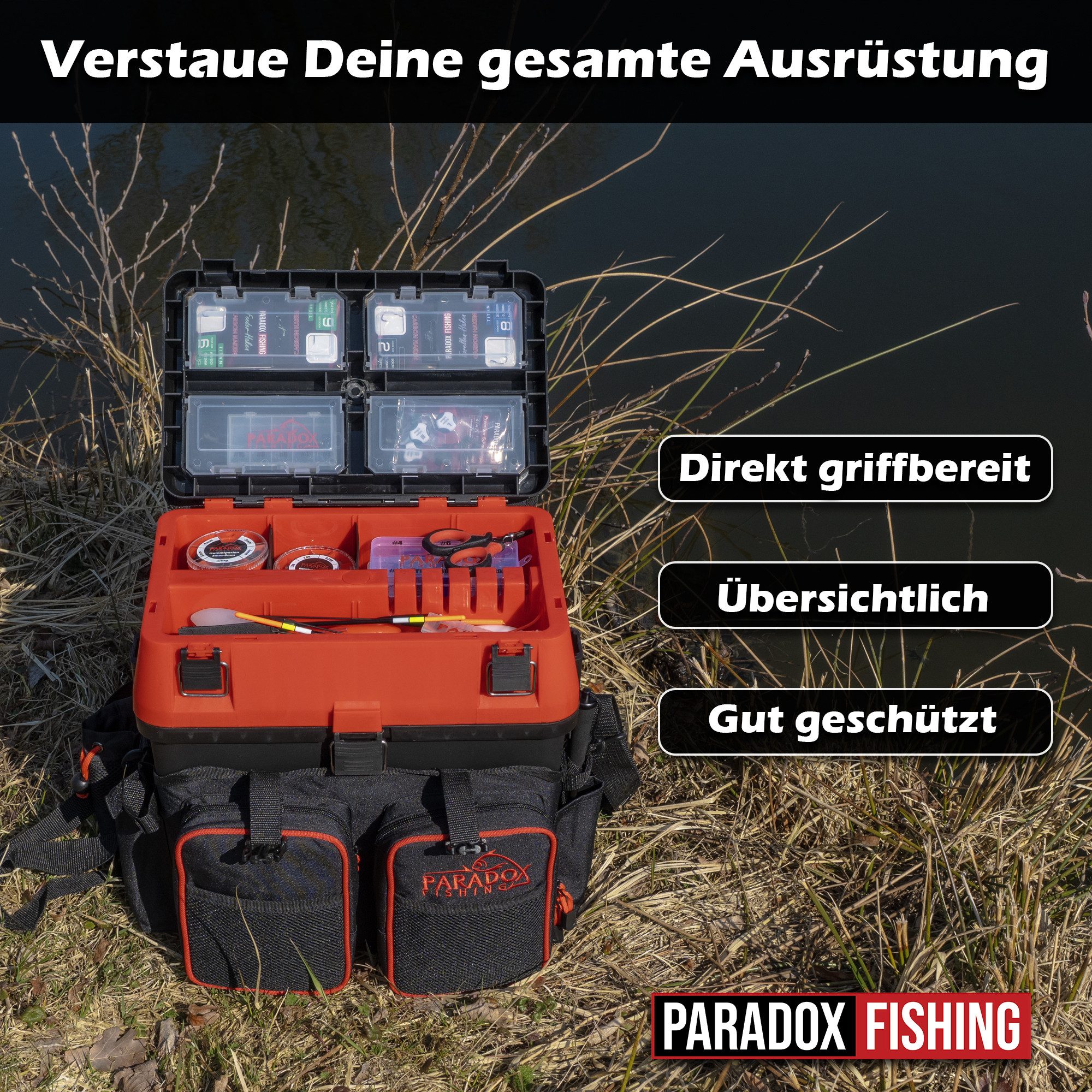 Paradox Fishing Angelrucksack 3-in-1 Multifunktions-Sitzkiepe mit 4 Boxen im Deckel (1-tlg), Zangenhalterung