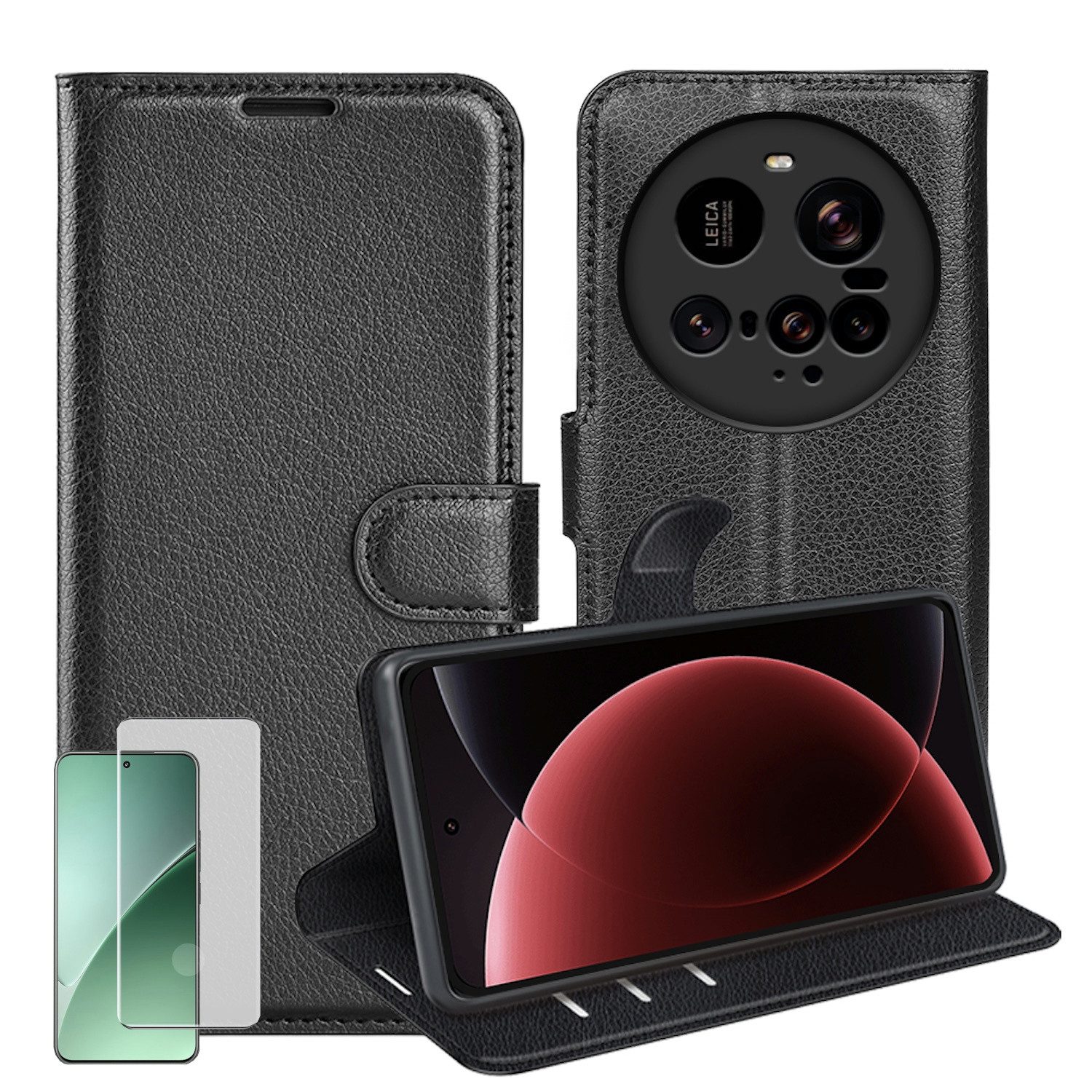 Wigento Smartphone-Hülle Für Xiaomi 15 Ultra Kunstleder Book Wallet Tasche + 4D Curved Glas, Produktset Kunst-Leder Tasche + 4D Curved Glas