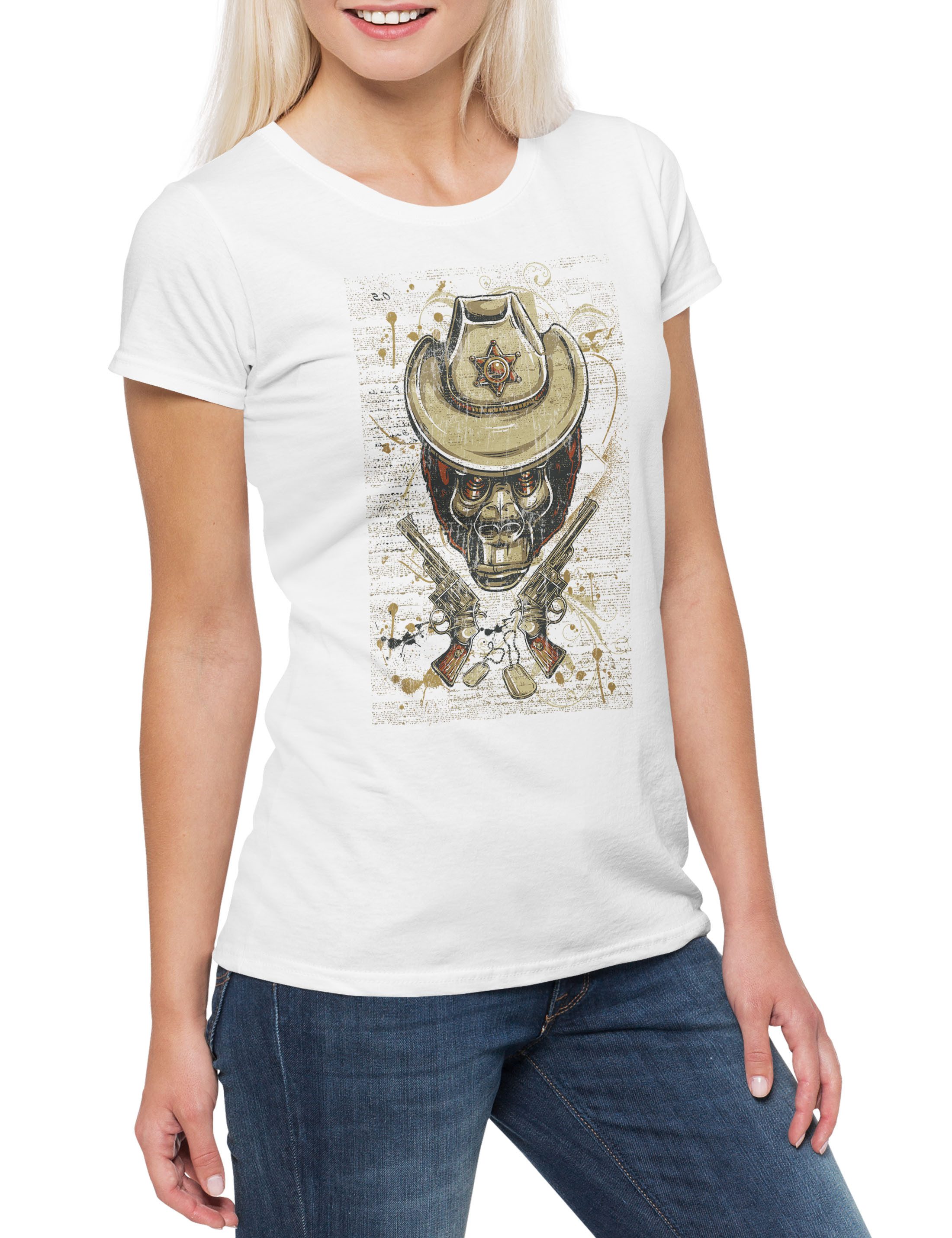 Print-Shirt Ape Sheriff Damen T-Shirt Affe Cowboy Hut Stern Star Western Hat
