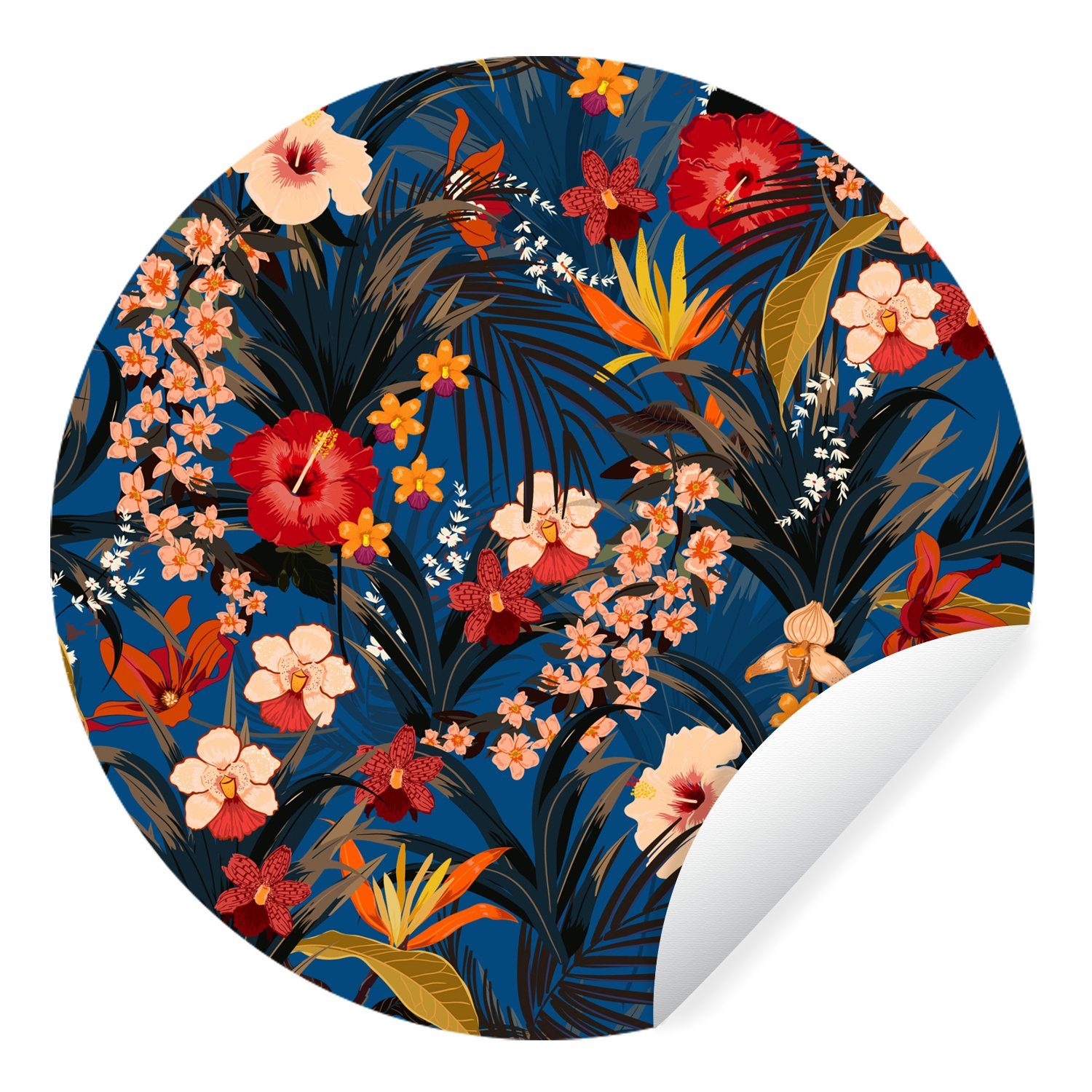MuchoWow Wandsticker Blumen - Hibiskus - Tropisch - Muster (1 St), Tapetenkreis für Kinderzimmer, Tapetenaufkleber, Rund, Wohnzimmer