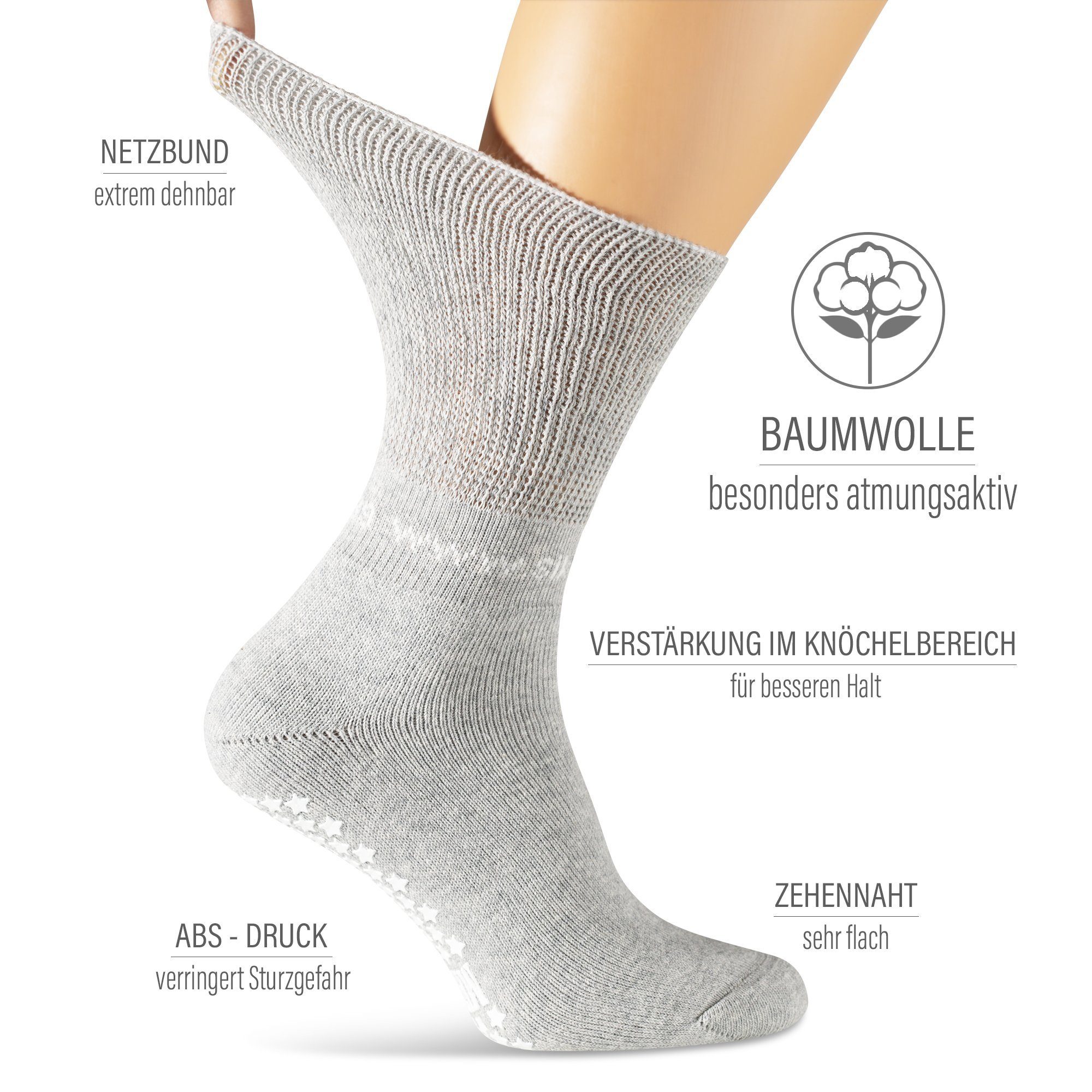 footart Diabetikersocken ABS Diabetiker Socken m. extrem dehnfähigem Netzbund Diabetes Strümpfe (2 Paar) verstärkt im Knöchelbereich