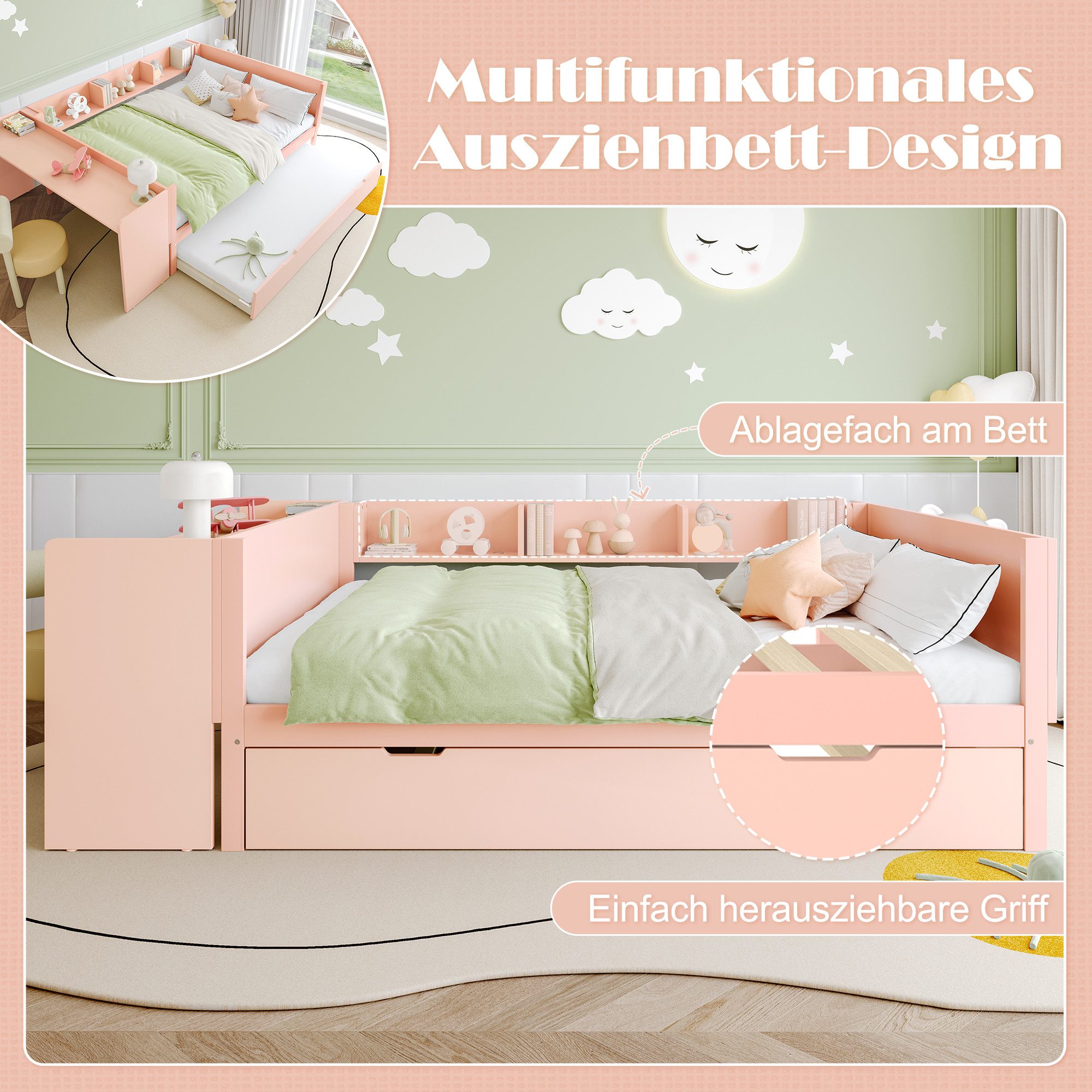 OKWISH Kinderbett mit Schreibtisch, Jugendbett Daybett günstig online kaufen