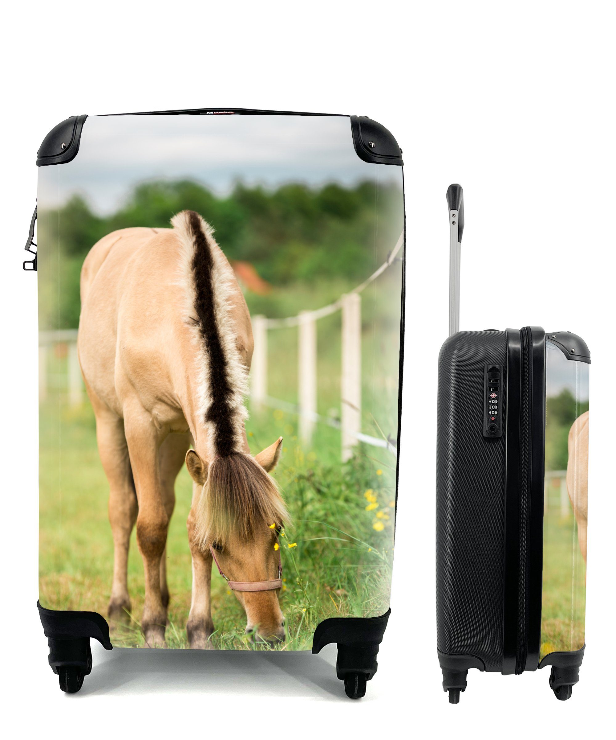 MuchoWow Handgepäckkoffer Porträt eines Fjordpferdes auf einer Wiese, 4 Rollen, Reisetasche mit rollen, Handgepäck für Ferien, Trolley, Reisekoffer