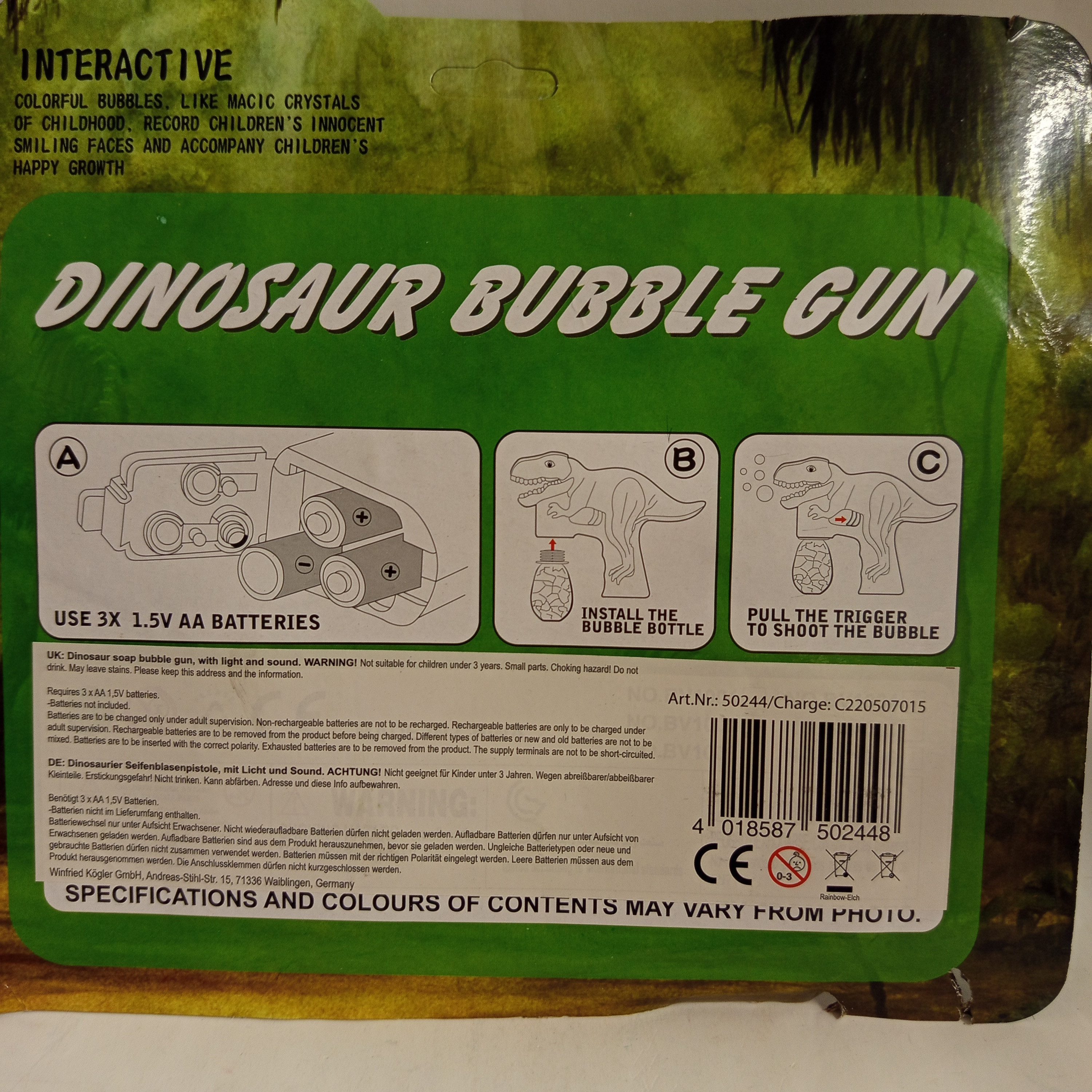 Kögler Seifenblasenpistole T-Rex Seifenblasenpistole mit Licht, Sound und Seifenlauge