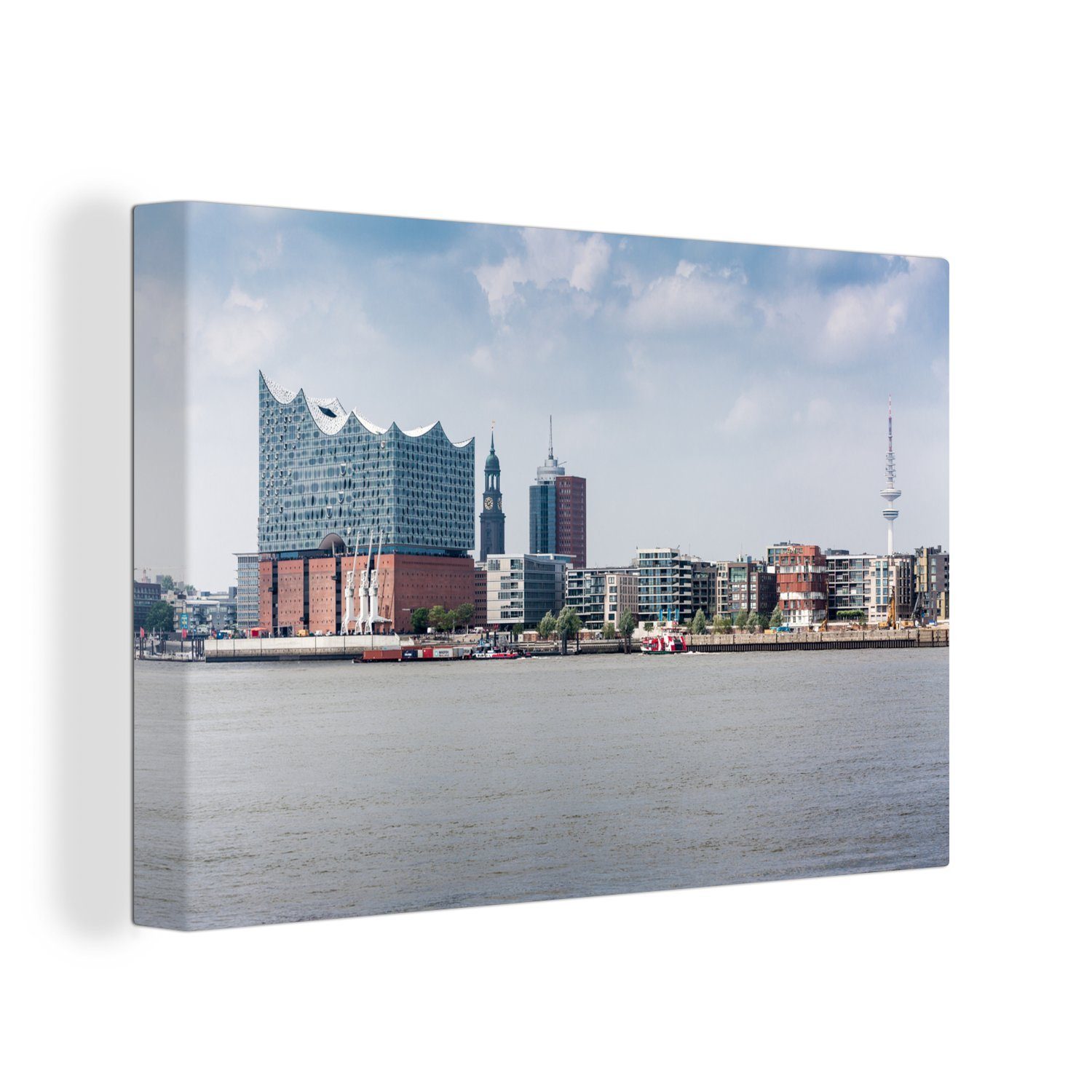 OneMillionCanvasses® Leinwandbild Hamburger Hafen mit der Elbphilharmonie, Fotodruck (1 St), Leinwand Bilder Klein, Wand Dekoration Aesthetic 30x20 cm