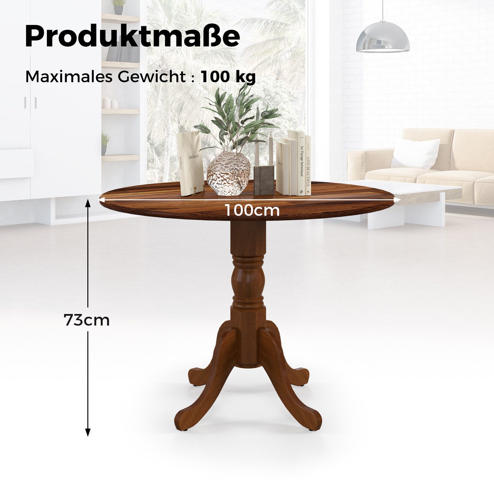 COSTWAY Esstisch Runder Küchentisch aus Massivholz, 100 x 73 cm, Braun – Bild 5 von 5