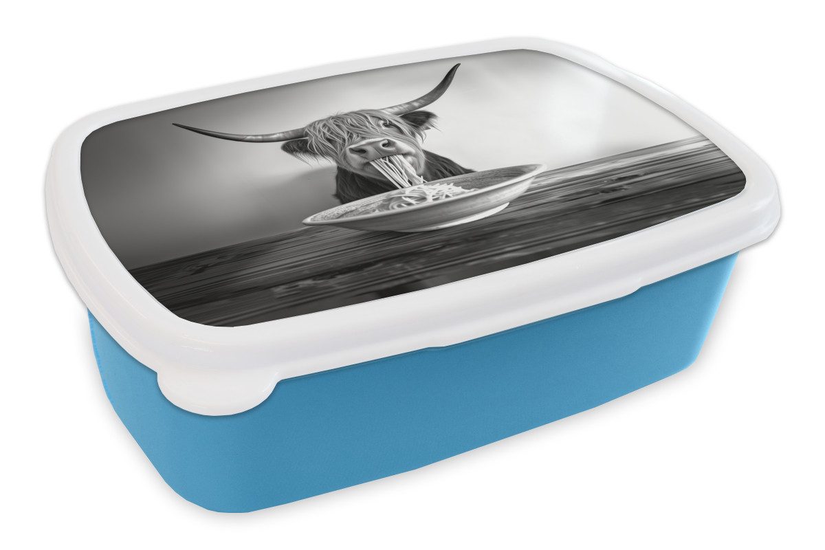 MuchoWow Lunchbox Schottischer Highlander - Spaghetti - Tiere - Schwarz und weiß, Kunststoff, (2-tlg), Brotdose, Lunchbox, Brotbox für Kinder und Erwachsene