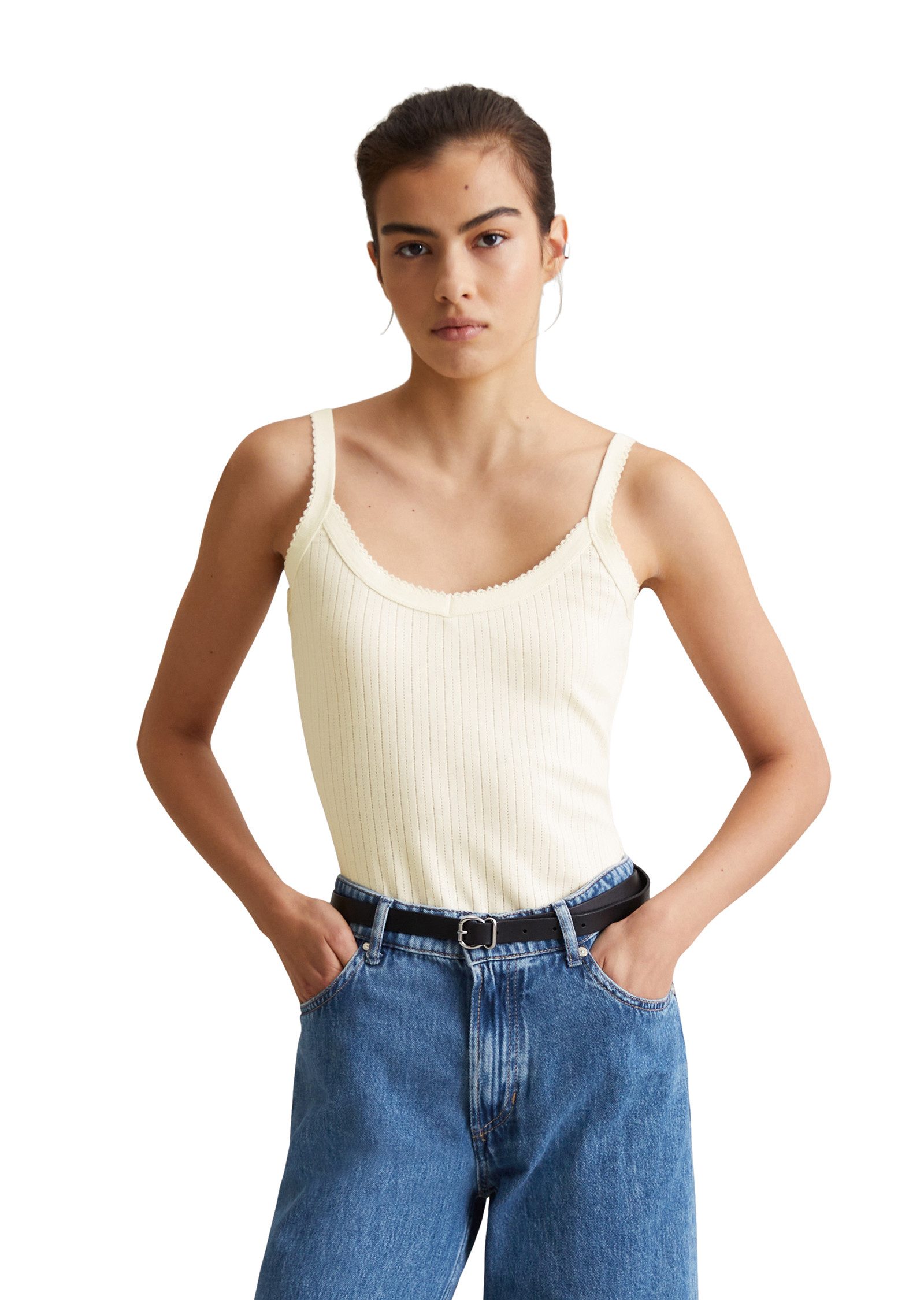 Marc O'Polo DENIM Spaghettitop Rüschenkante, Strickwebmuster günstig online kaufen