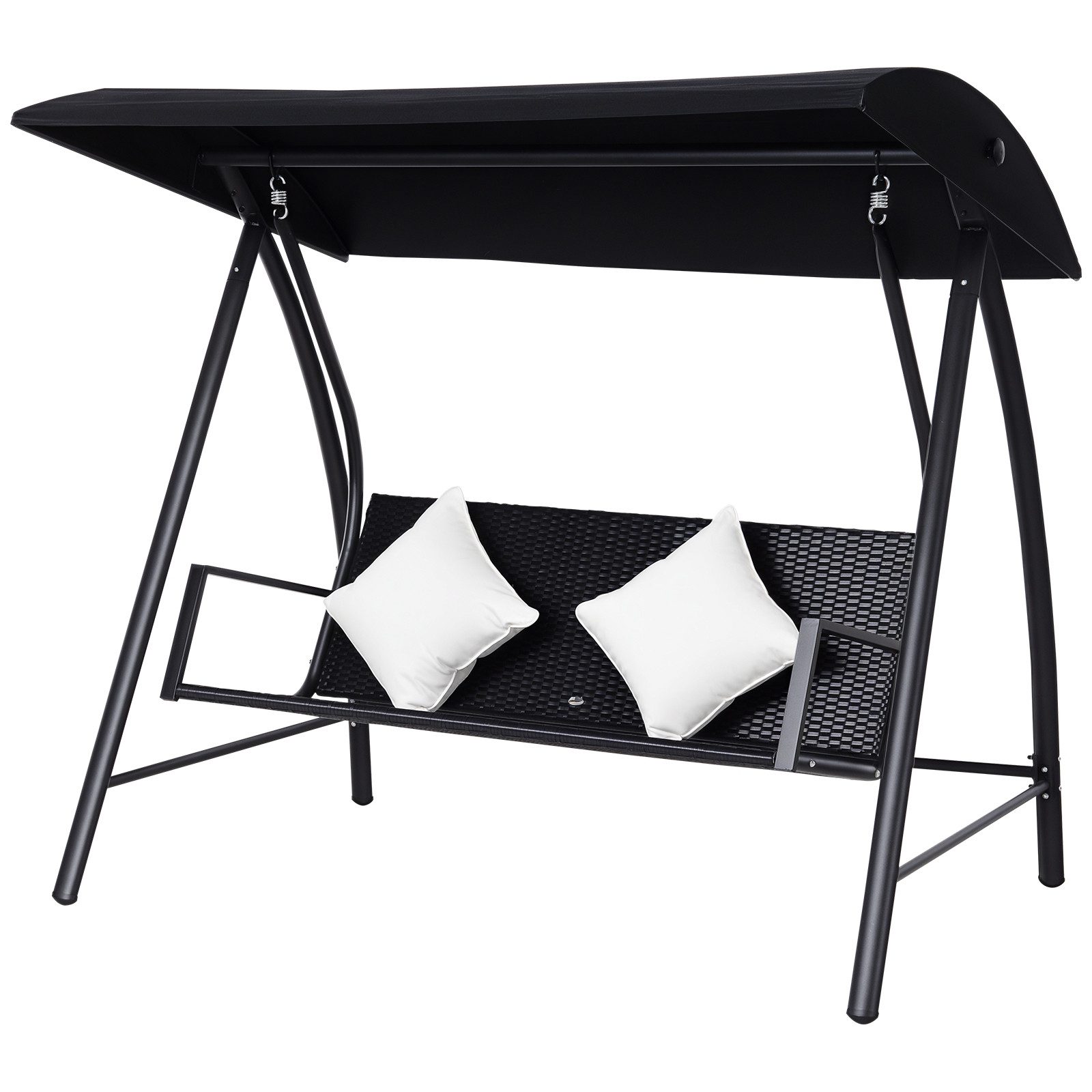 Outsunny Hollywoodschaukel Polyrattan mit Kissen belastbar bis 360kg, 3-Sitzer, Bettfunktion, Rattenschaukel, 1 tlg., Schaukel, Metall Schwarz 198B x 124T x 179H cm