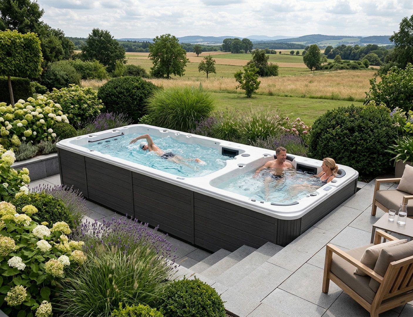 SPA Kompagniet Whirlpool Scandinavic Wood Art "Kreta" Swim Spa 5P mit Doppelbecken 593×230 cm, Aufstellbecken, (Komplett mit Doppelbecken, Thermo-Cover, 6 Filtern und LED-Licht), inkl. Thermo-Cover, getrenntem Pool- und Spa-Bereich, Wasserkanonen