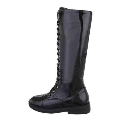 Ital-Design Damen Schnürschuhe Freizeit Stiefel Blockabsatz Flache Stiefel in Schwarz