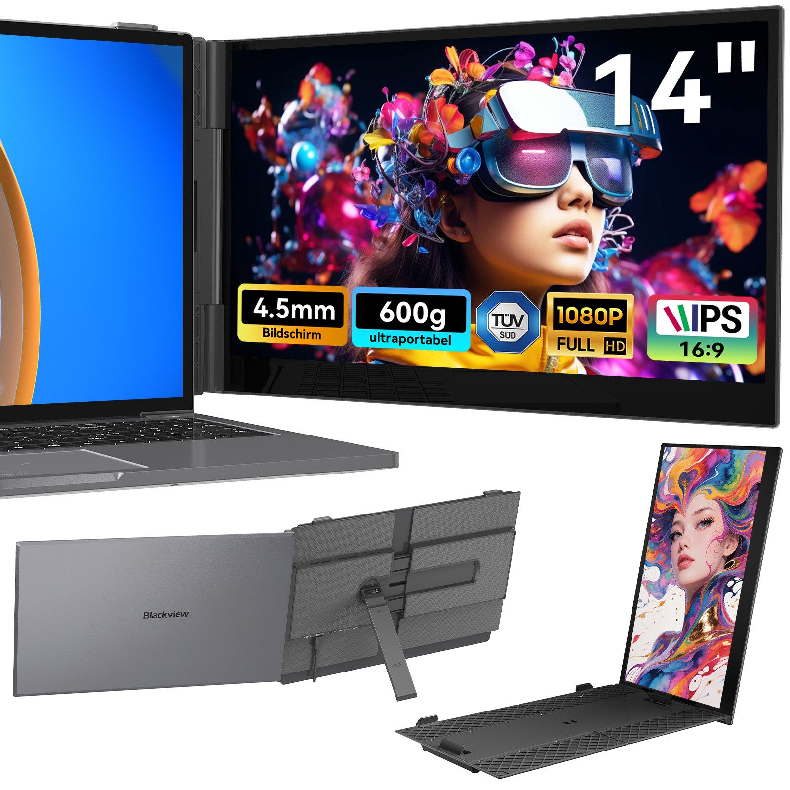 blackview 14 Zoll FHD Gaming Monitor SCM6, Ultra-dünne, LCD, IPS, 1920x1080 Portabler Monitor (1920x1080 px, Full HD, IPS, 600g, 180°, 13,3-17,3 Zoll & Windows/Mac/Android/Chrome-Kompatibilität)