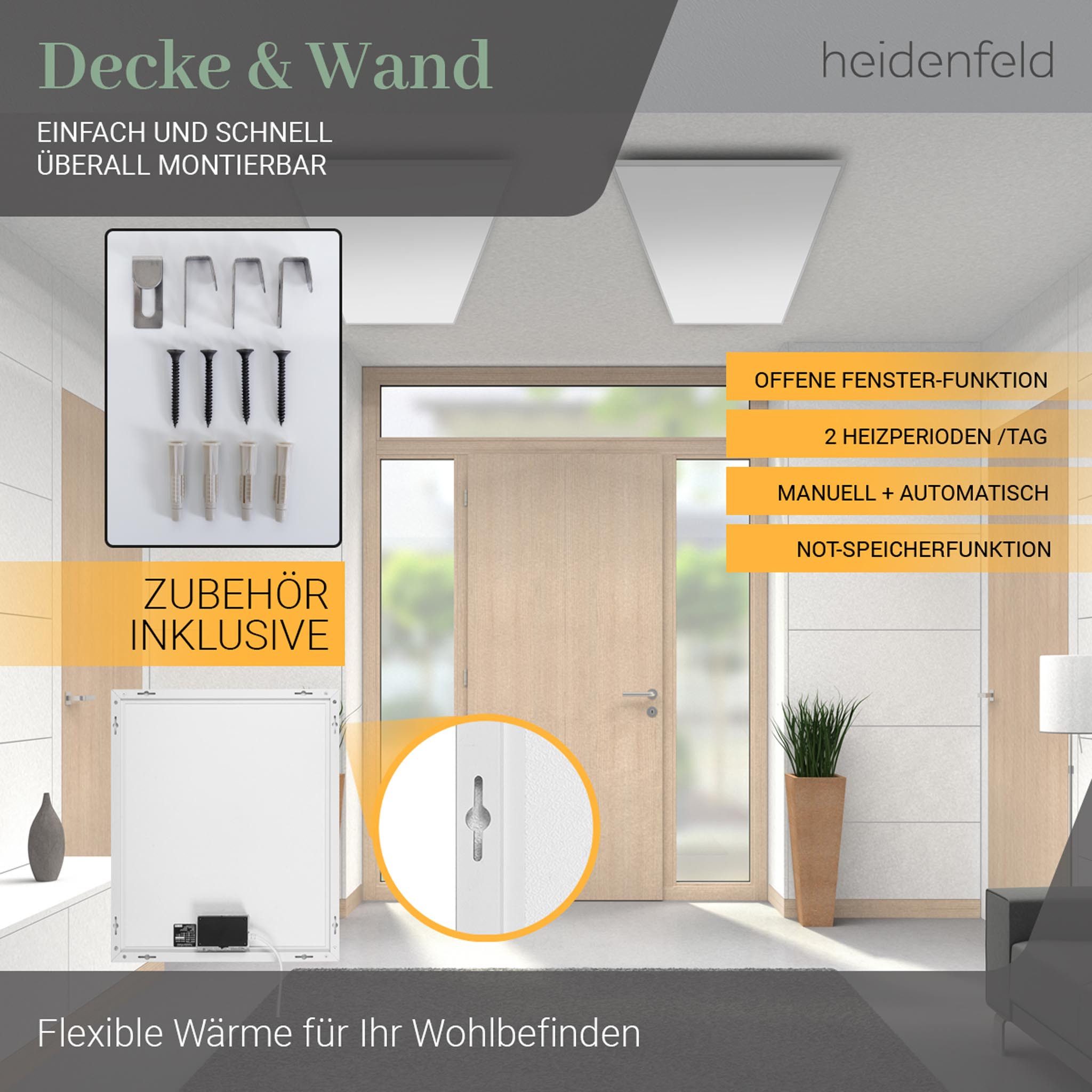 Heidenfeld Infrarotheizung 300-1000W Elektroheizung für Wand & Decke HF-HP106-3 - 10 J. Garantie, Thermostat, Infrarotheizung, Heizkörper, Heizung, Elektroheizung