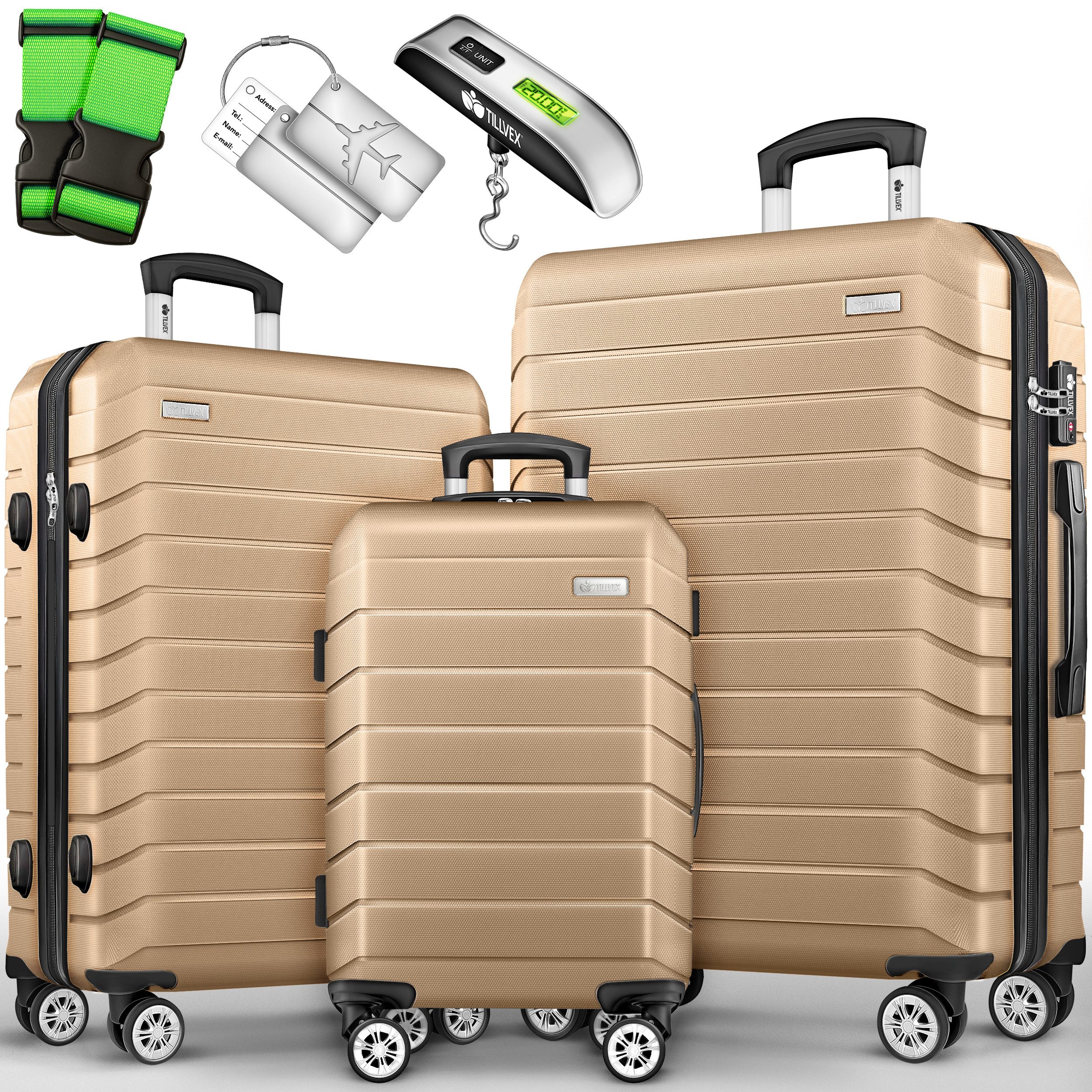 tillvex Trolleyset tillvex® Reisekoffer Set Koffer Hartschale Trolley Kofferset Tasche, (TSA Schloss Rollkoffer S-M-L-XL, 3 tlg., 4 Rollen Trolley Gepäck Koffer), Reisekoffer Set 3-TLG. + Gepäckwaage, 6X Gurte & 3X Anhänger Kofferset