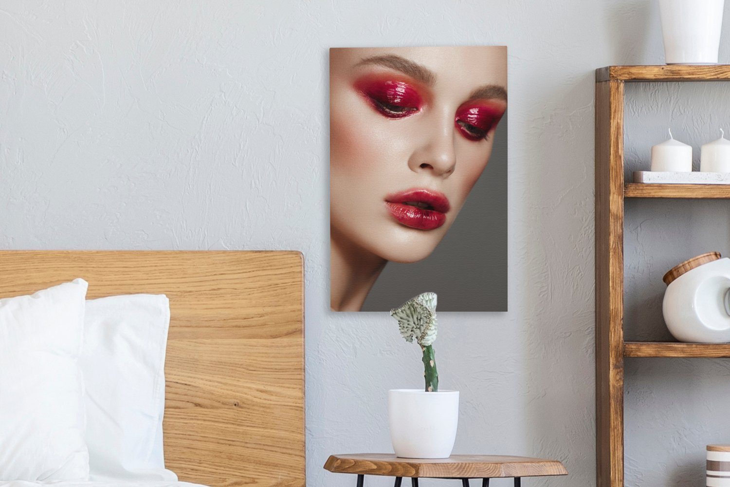 einer Gemälde, bespannt Leinwandbild Zackenaufhänger, inkl. roten mit Frau Augenlidern, und fertig 20x30 St), Bild cm (1 OneMillionCanvasses® Lippen Leinwandbild leuchtend