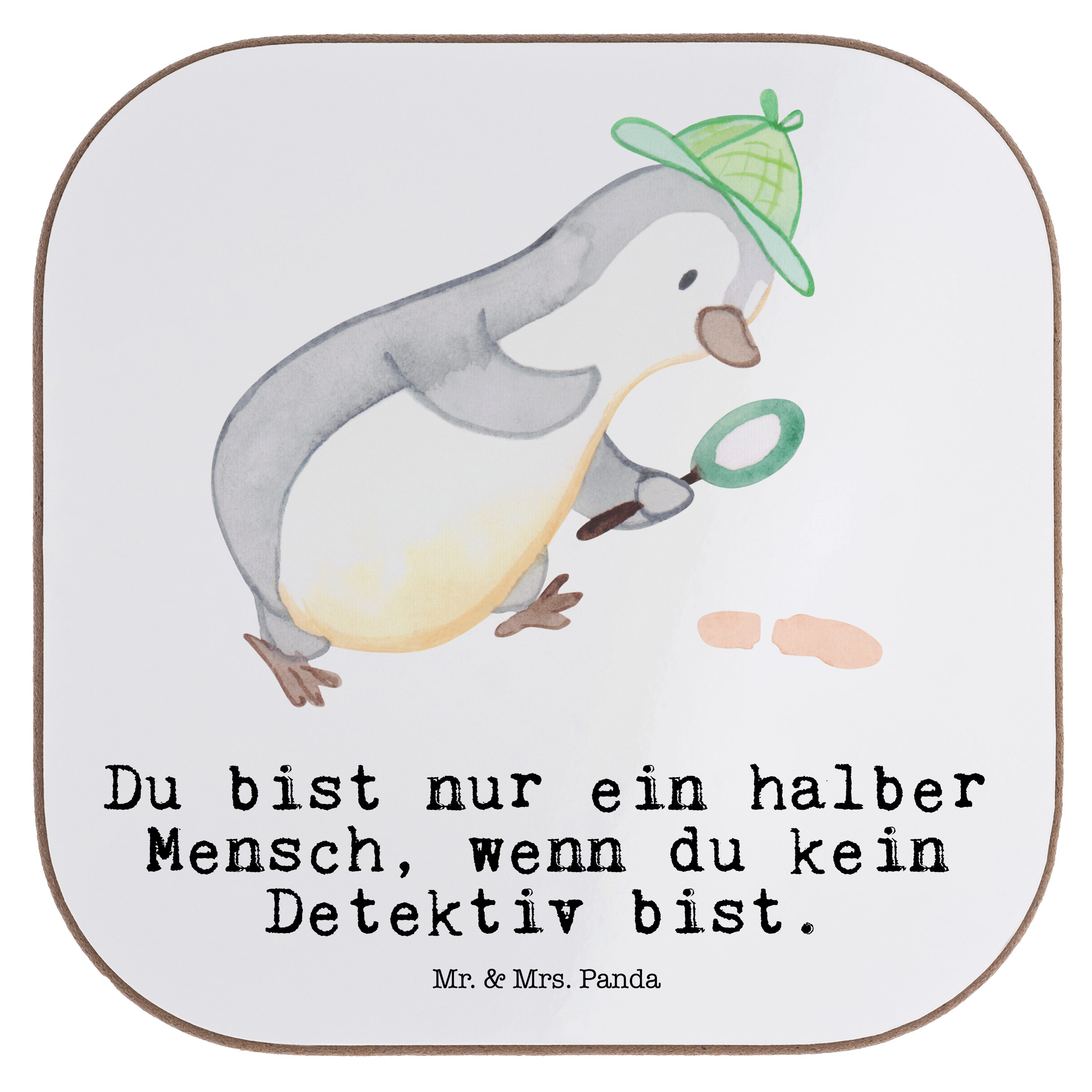 Mr. & Mrs. Panda Getränkeuntersetzer Detektiv mit Herz - Weiß - Geschenk, Untersetzer Gläser, Schenken, Ag, 1-tlg.