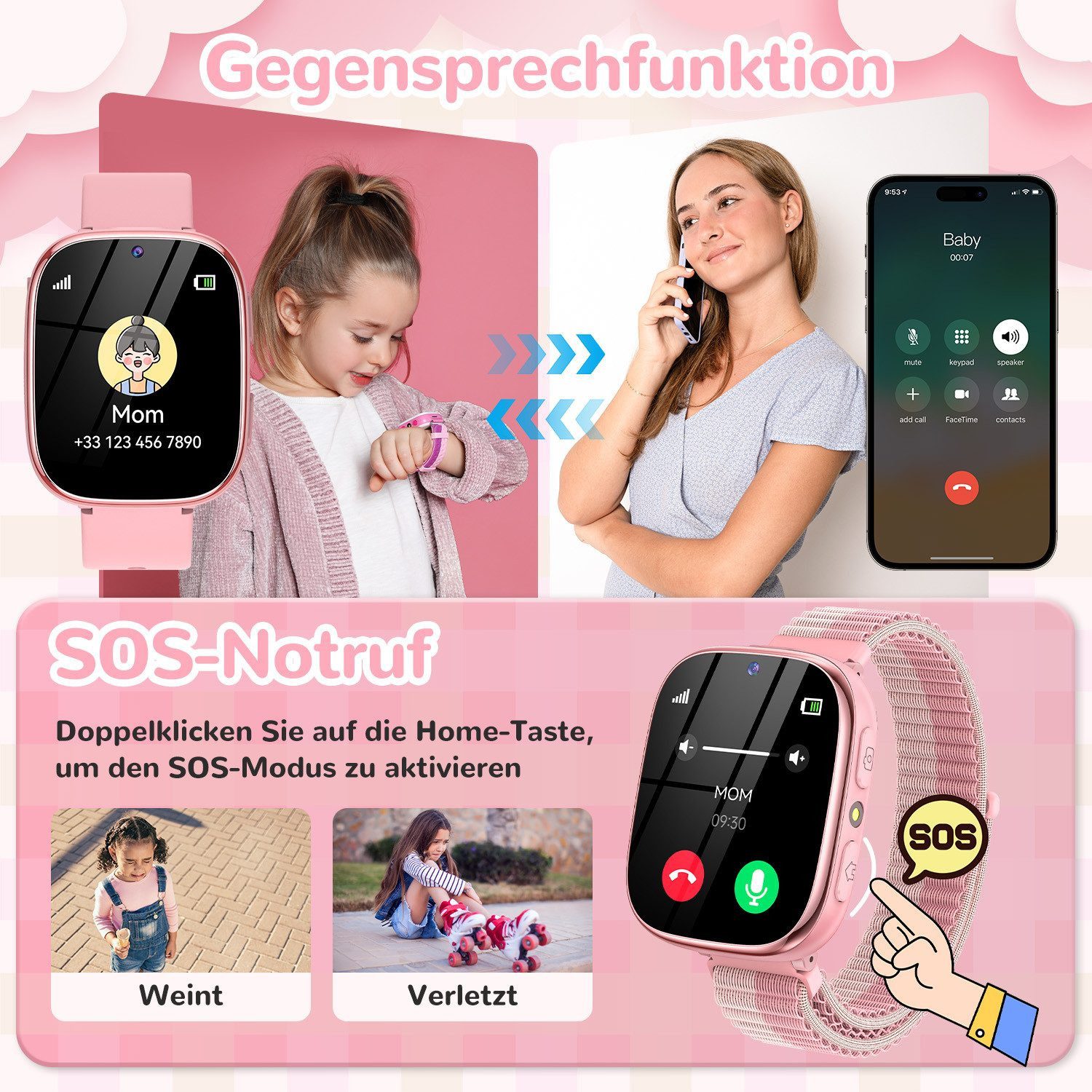 SWGOTA 800mAh 2G Smartwatch Kinder mit Telefonfunktion,Unterstützung für SOS Smartwatch (1,83 Zoll) mit 31 Spiele, Schulmodus,Foto,Video,Wecker, IP68 Fitness Tracker Kompatibel mit Android und iOS