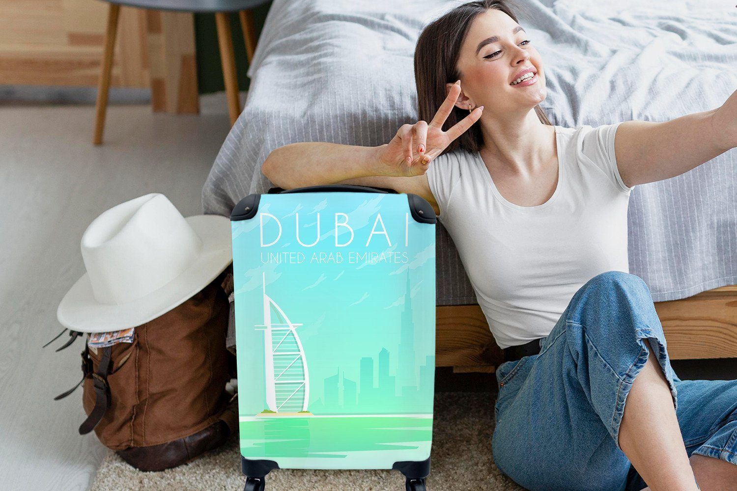 für Ferien, Dubai, Emirate, Trolley, der Handgepäckkoffer 4 Vereinigte Reisetasche Rollen, MuchoWow mit Handgepäck Reisekoffer Arabische Illustration Stadt rollen,