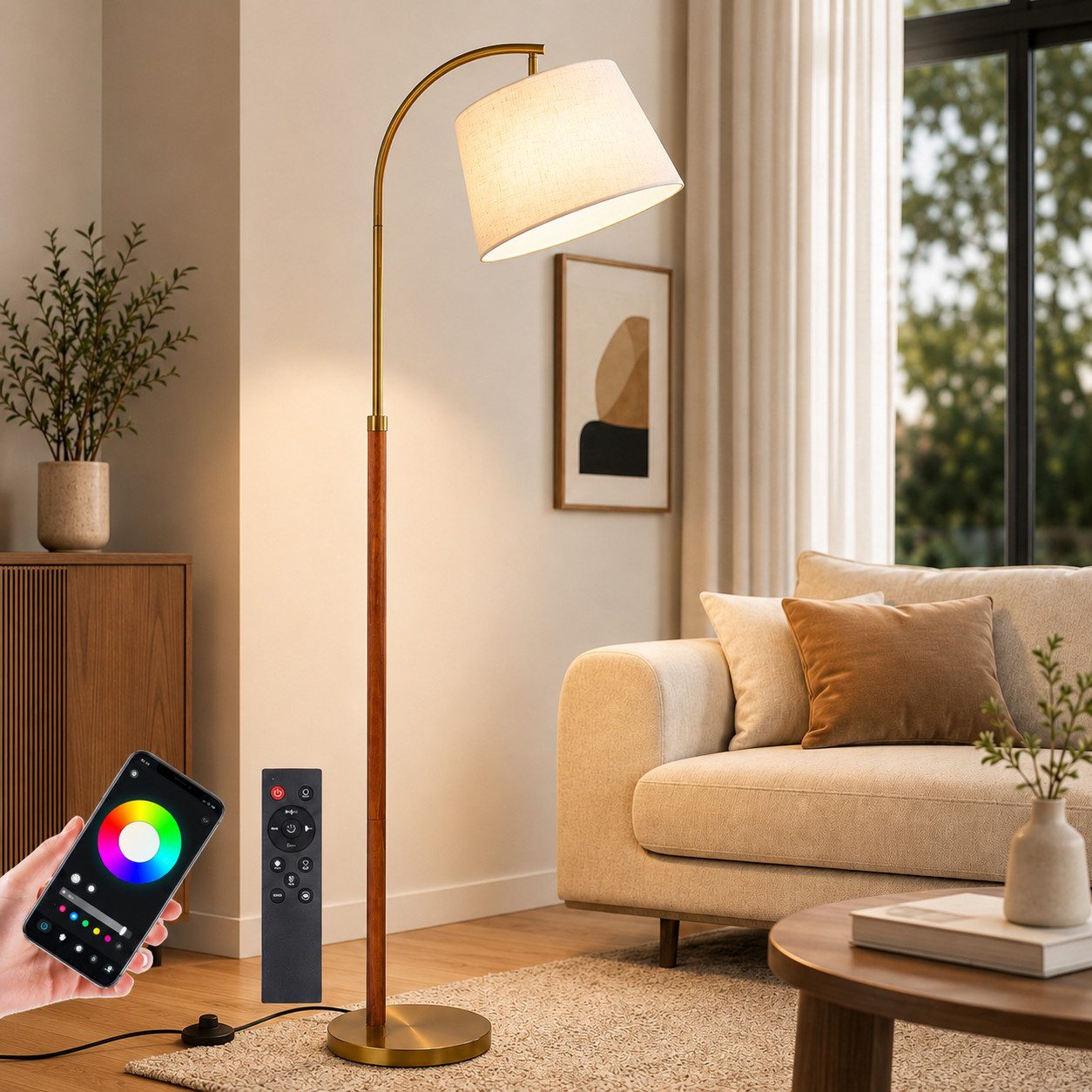 Lapamax Stehlampe für Wohnzimmer, Dimmbar 3 Farbtemperaturen Smart-App+Fernbedienung, RGB Bogenlampe mit Fußtaster und Glühbirne, Lampenschirm aus Stoff