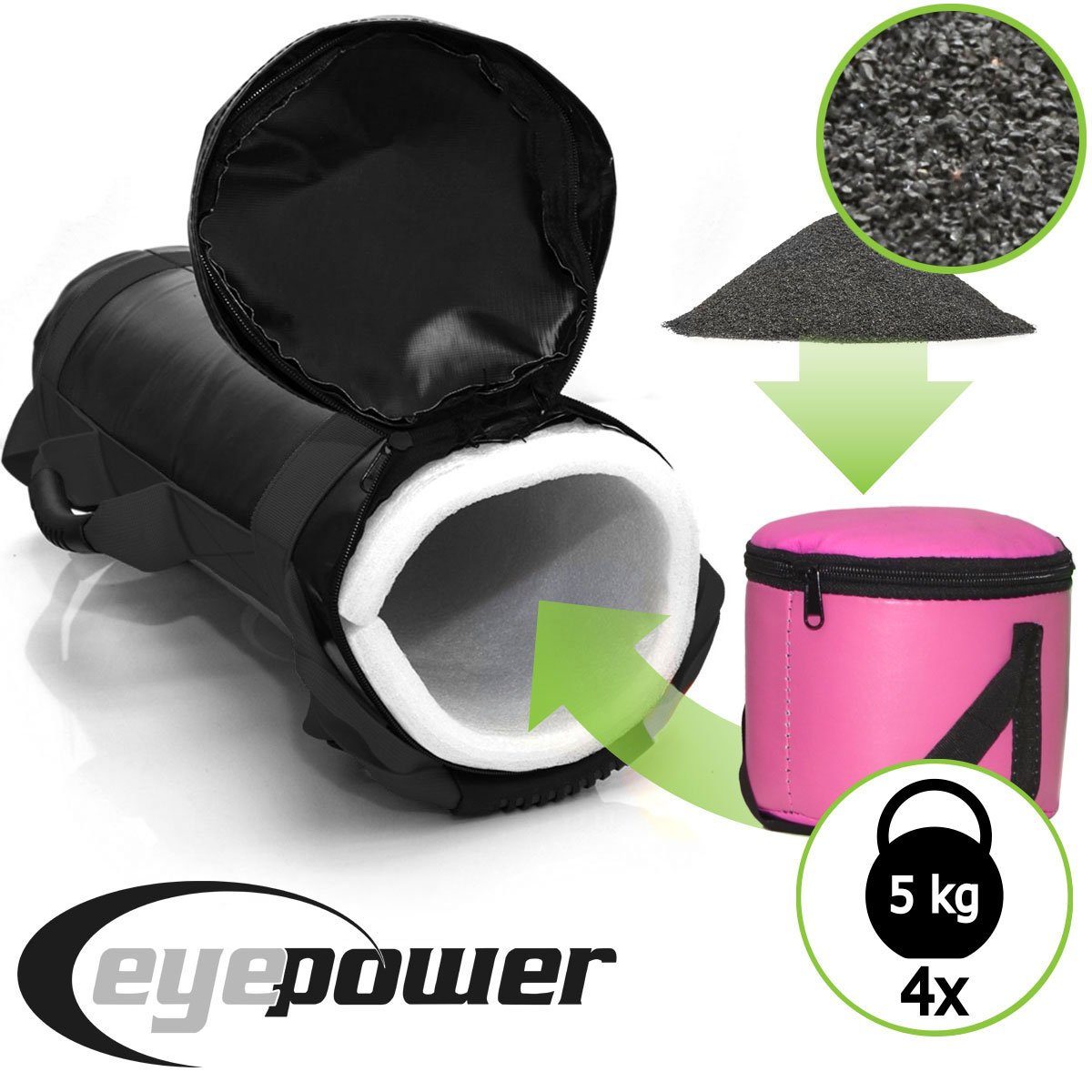 eyepower Gewichtssack 20kg Power Bag mit 4 Kettlebell Gewichten - 20x60 Sandsack Wasserdicht, Sandbag für Krafttraining, Functional Training und Ausdauer Workout