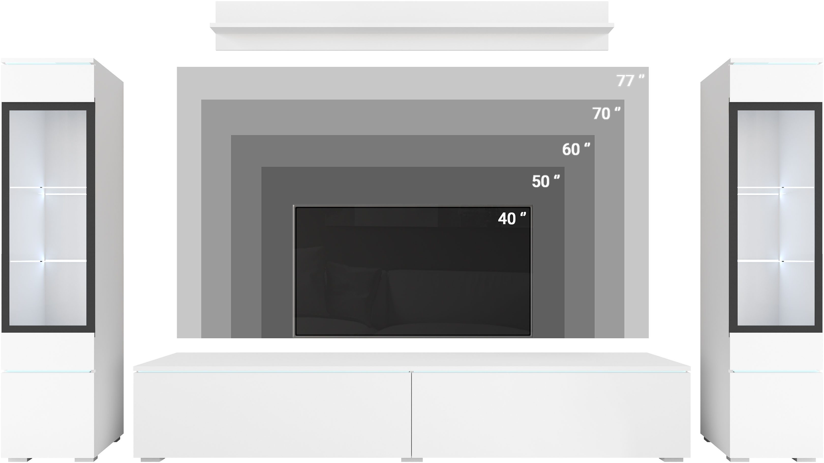 Home affaire Wohnwand VERA II, Vitrinen Türanschlag wechselbar, (Komplett-Set, 4-St), Vitrine mit Verglasung, stehend und hängend, inklusive Beleuchtung