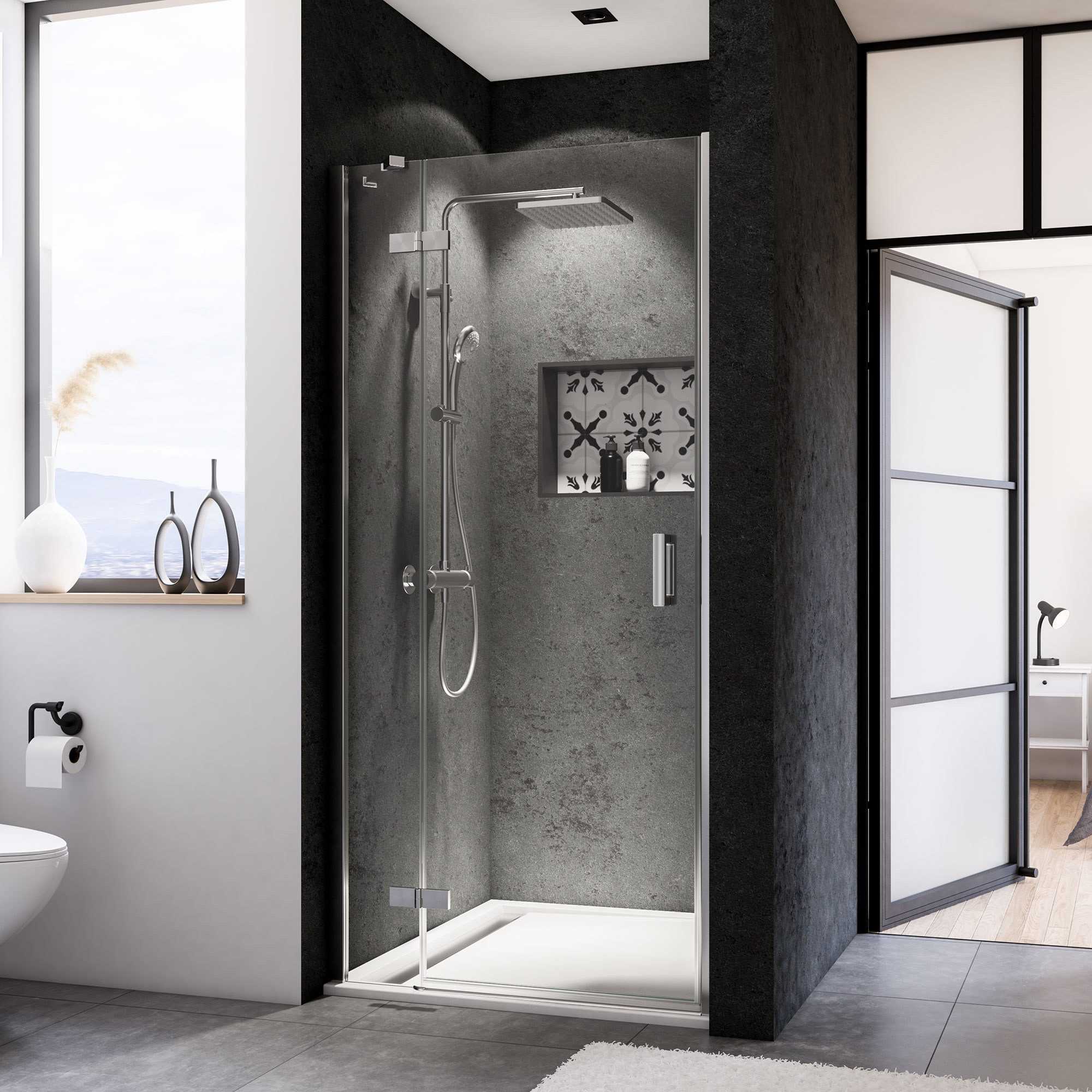 BREUER Dusch-Schiebetür Panorama Drehtür + Festteil Anschlag links für Nische Klarglas 900 mm