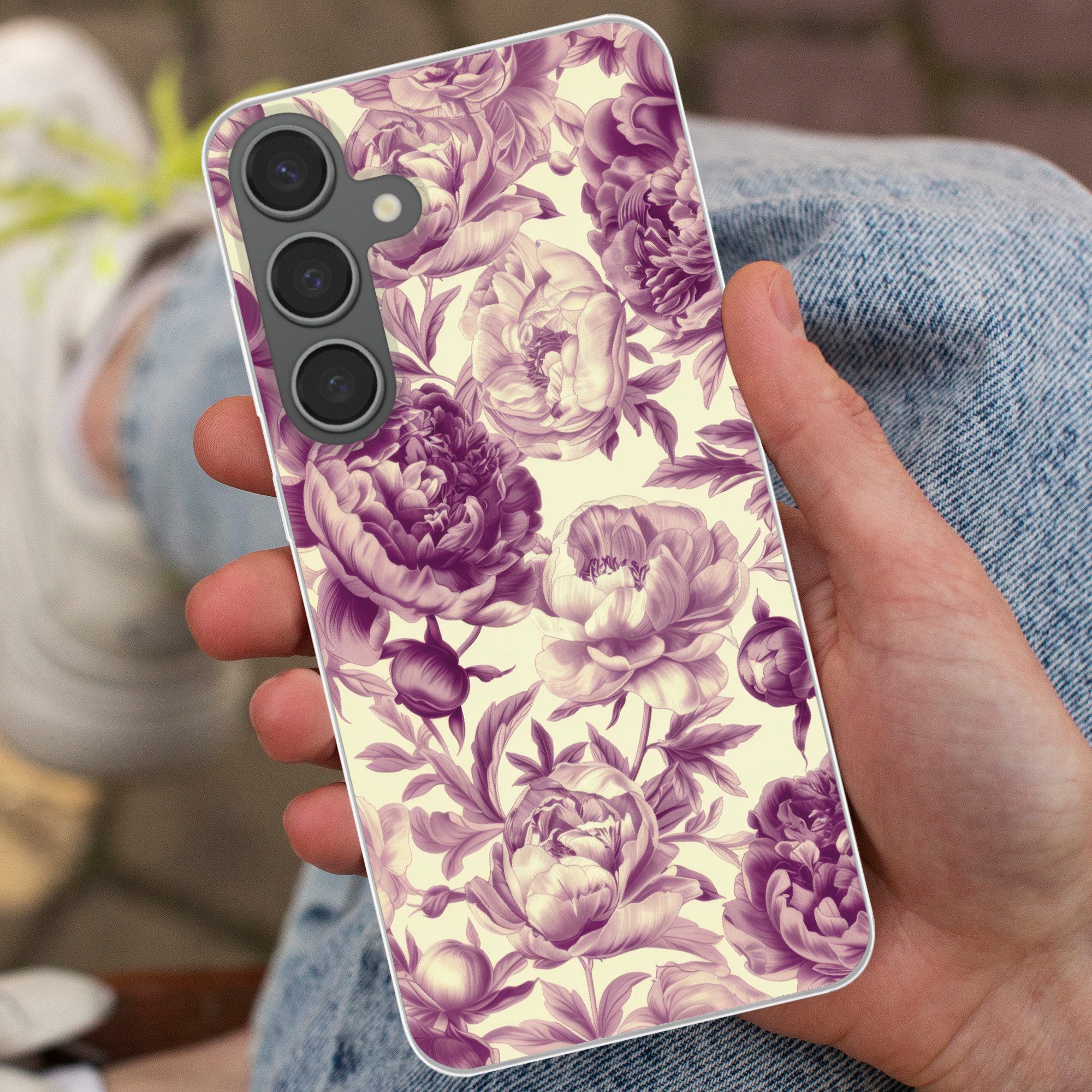MuchoWow Handyhülle für Samsung Galaxy S24 Plus Blumen - Muster - Lila - Beige, Phone Case, Silikon, Schutzhülle Dünn