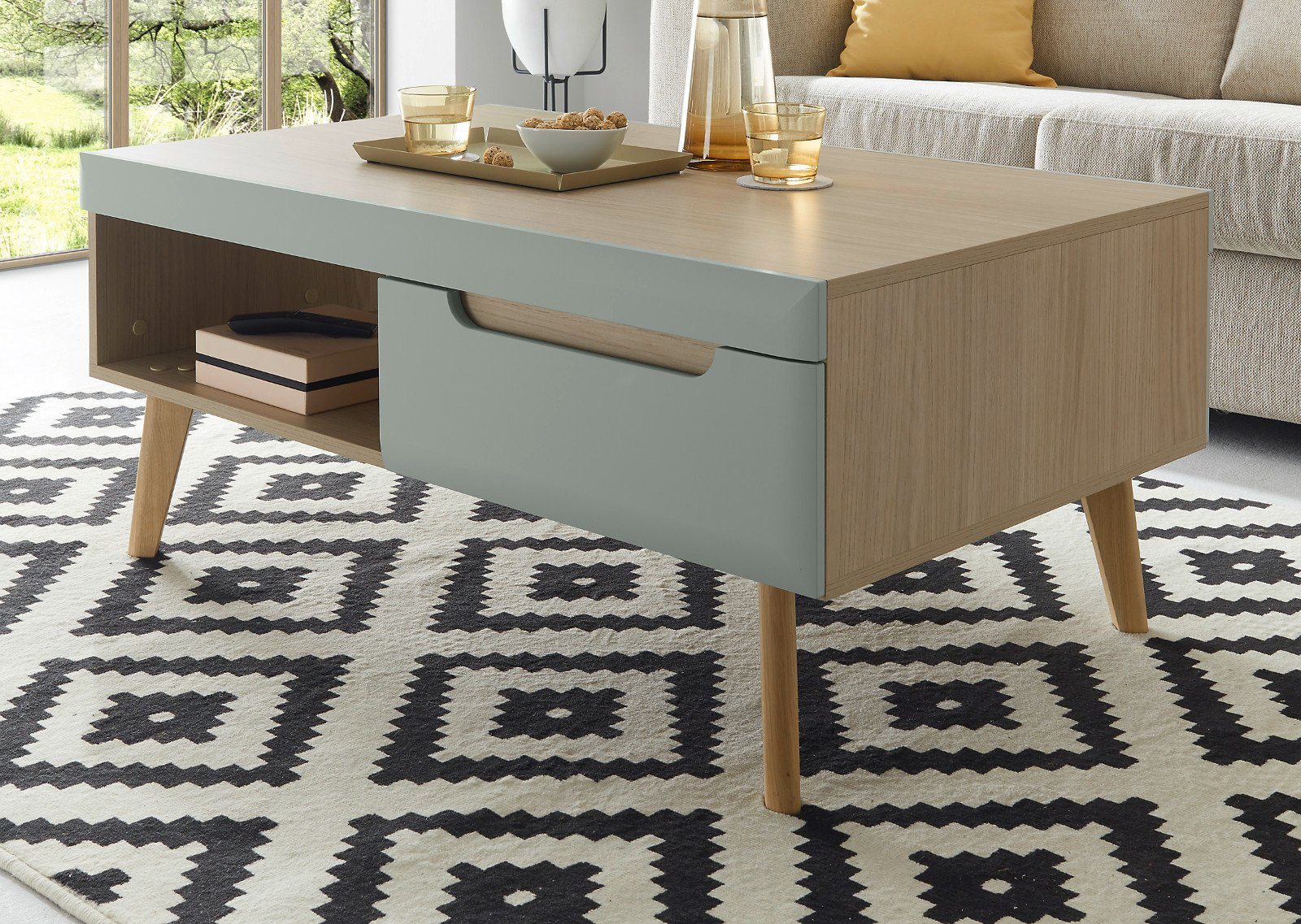 Furn.Design Couchtisch Isgard (Sofatisch in Scandi Eiche und Pistazie, 107 x 67 cm), mit Stauraum