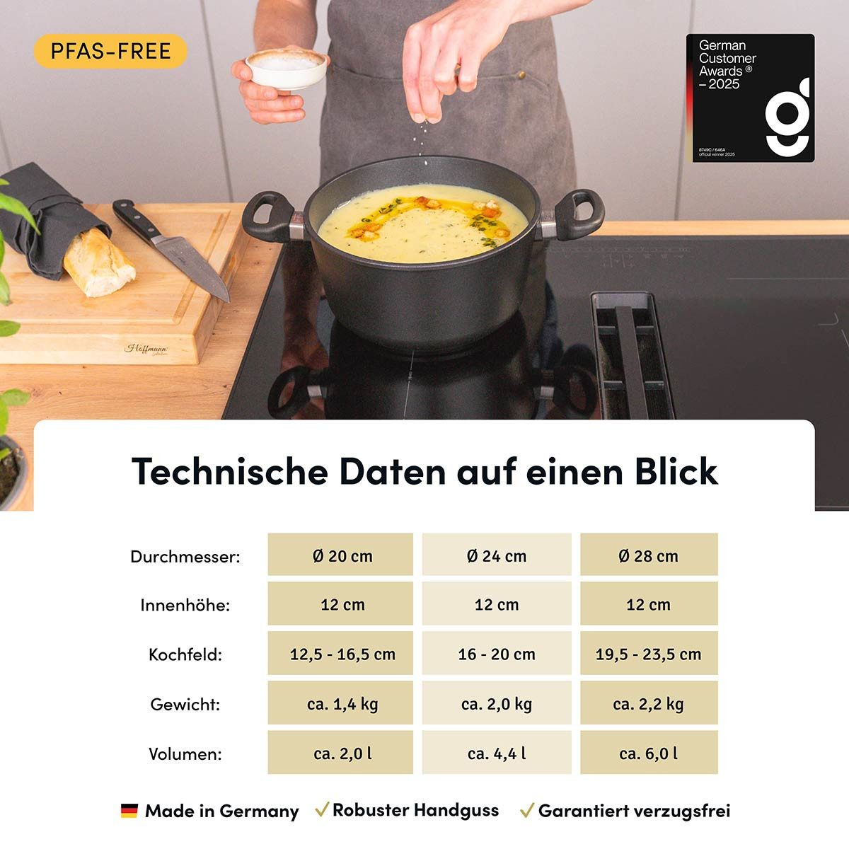 Hoffmann Germany Kochtopf STONIQ PFAS-frei Antihaft Ø 20 cm – Made in Germany, Aluguss (1-tlg., 1x Kochtopf Ø 20 cm), Aluguss, Schmortopf, backofenfest bis 300°C, Induktion