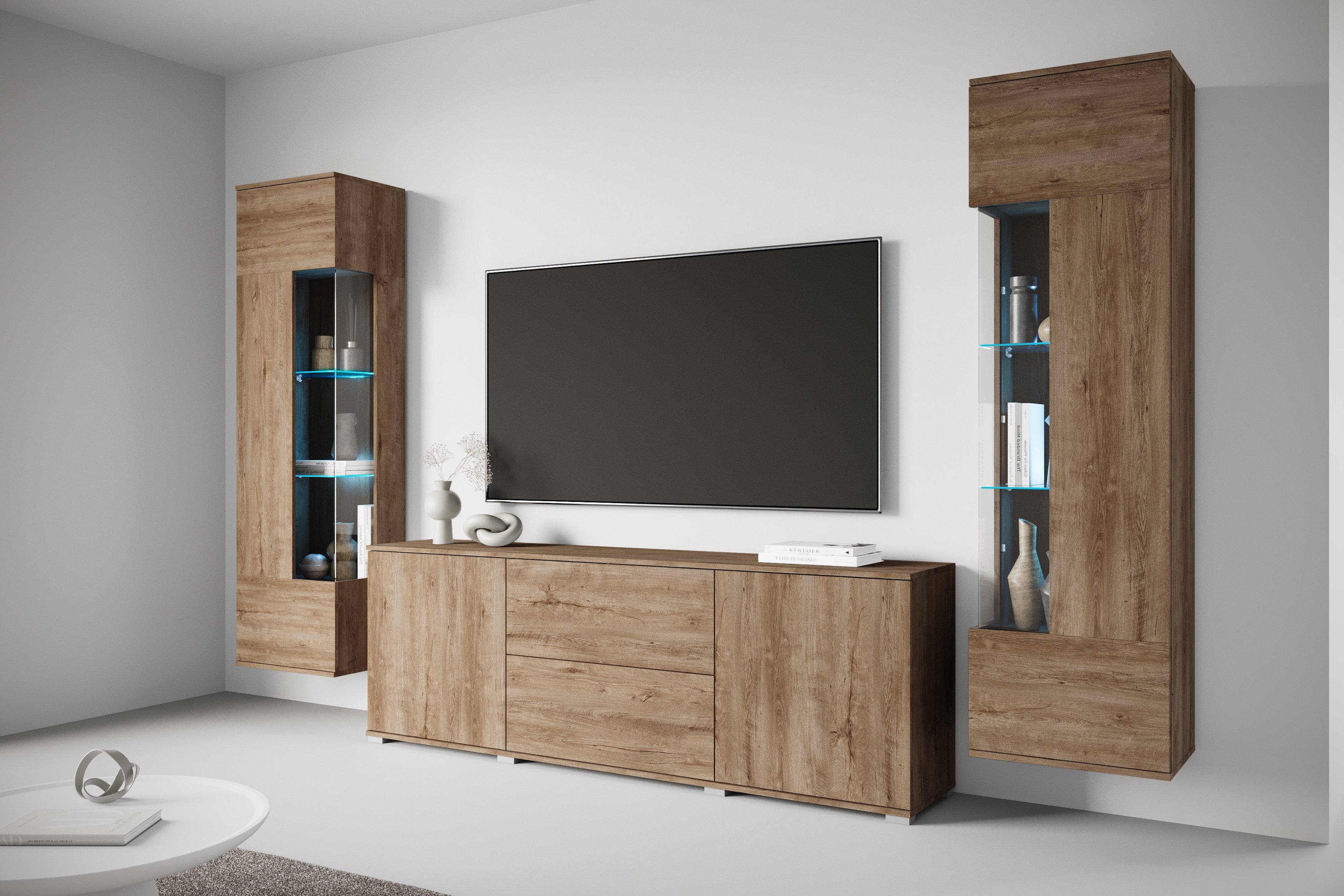 OTTO home Wohnwand KENIA, (Komplett-Set, 3-St), Vitrinen mit Eckverglasung, hängend und stehend montierbar