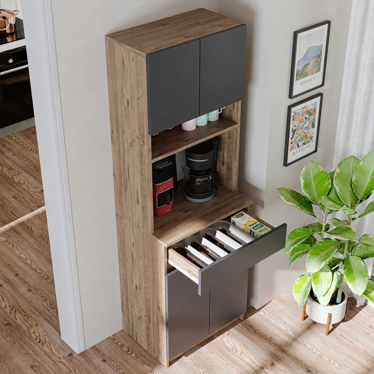 Roomart Küchenbuffet Küchenschrank NAPOLI 180cm mit Nische Schublade Mikrowellenschrank offene Nische für Mikrowelle, mit Schublade