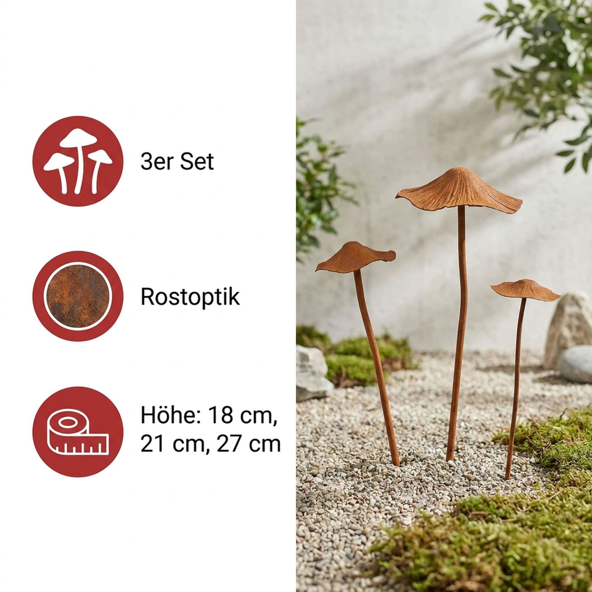 Home-trends24.de Dekofigur Metall Stecker Pilze Herbst Rost Deko Pilz Figur Garten 3er-Set (3 St)