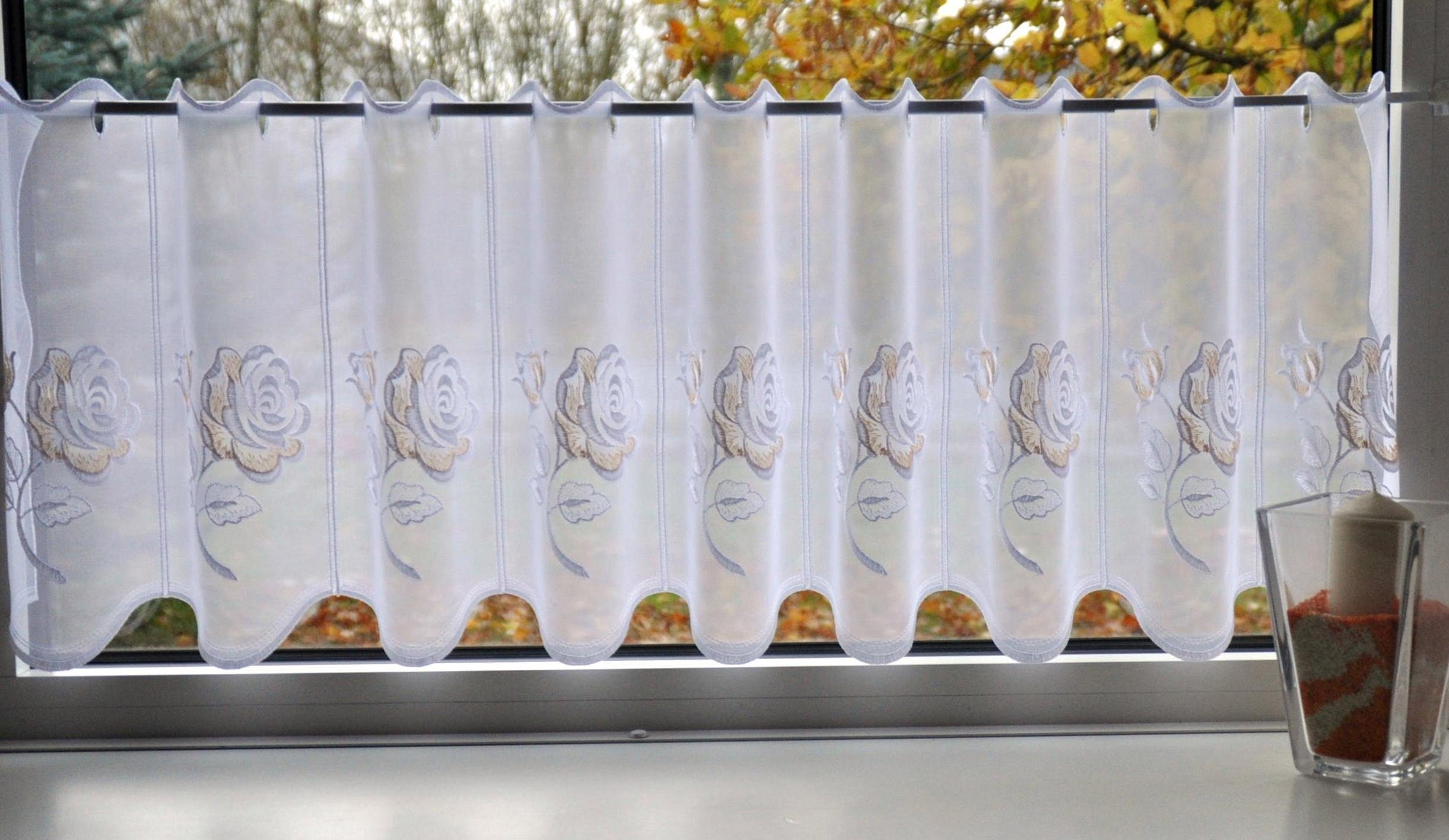 Stickereien Plauen Scheibengardine Rosentraum, Stangendurchzug (1 günstig online kaufen
