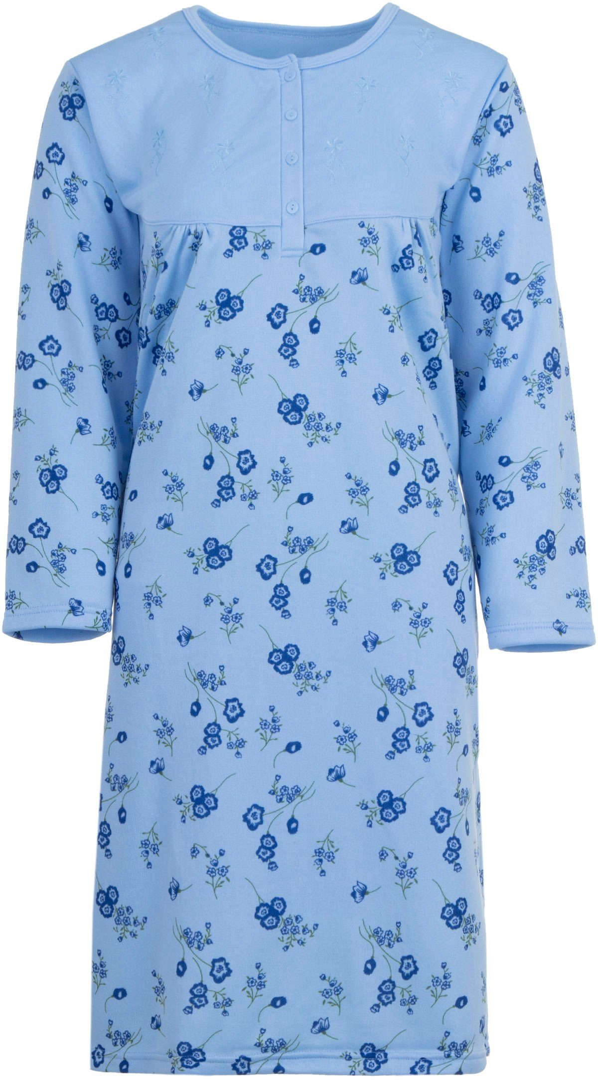 Thermo Nachthemd - Stickerei blau Blumen mit Nachthemd zeitlos