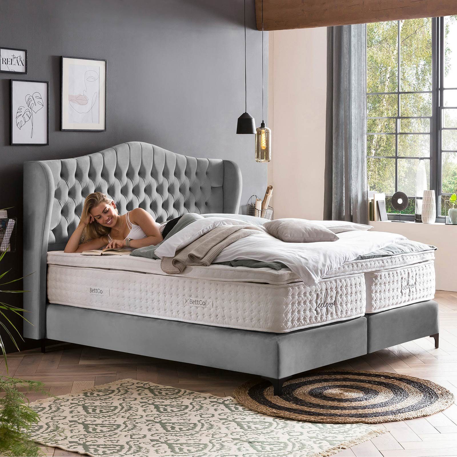 BettCo Boxspringbett Maison (140 x 200 cm, in Grau Velours), Chesterfield Design + optionaler Topper, Schwarze Metallfüße