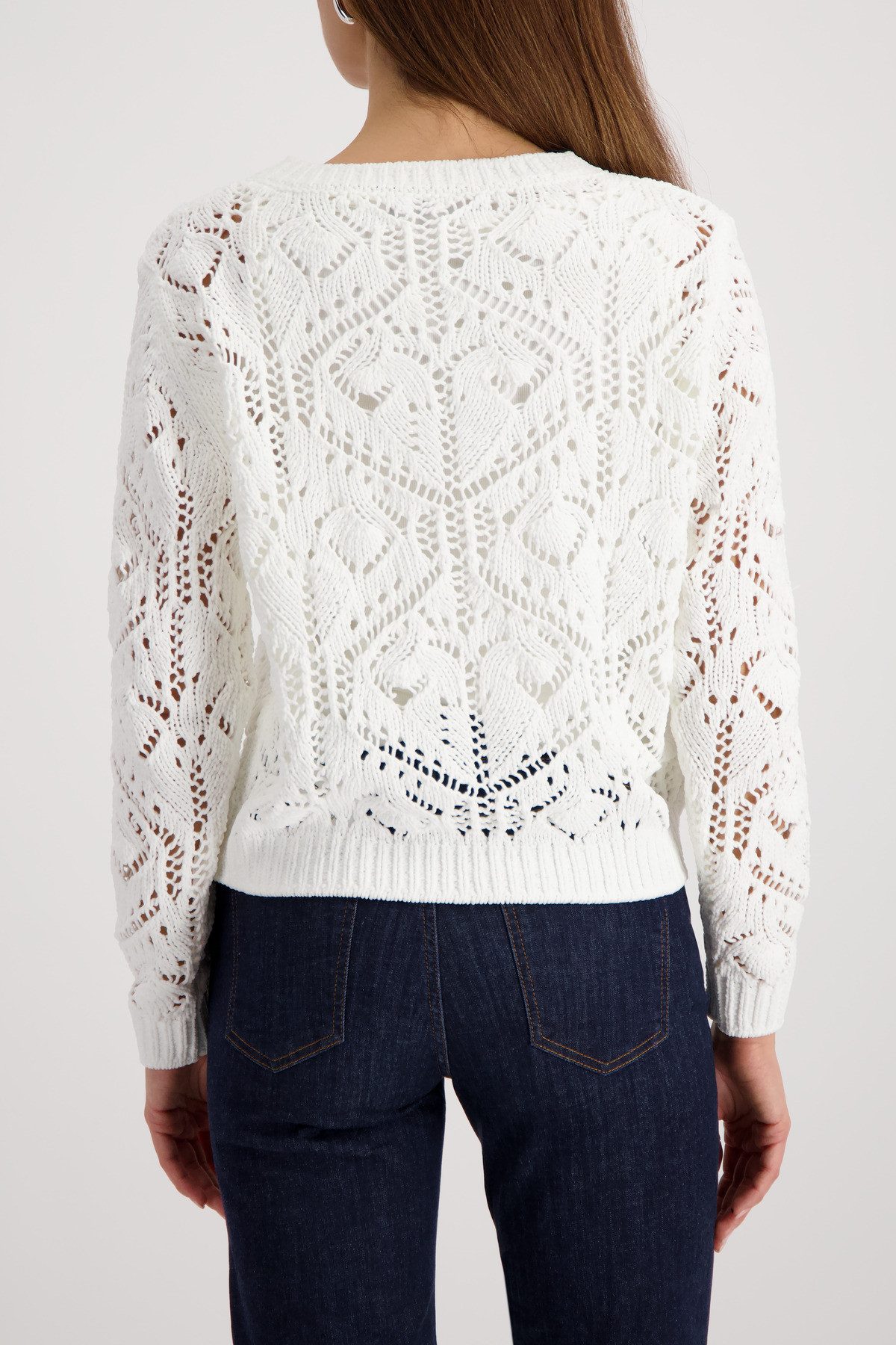 Monari Strickpullover Ajour Rundhalsausschnitt, Chenillegarn, Leicht überschnittene Schultern