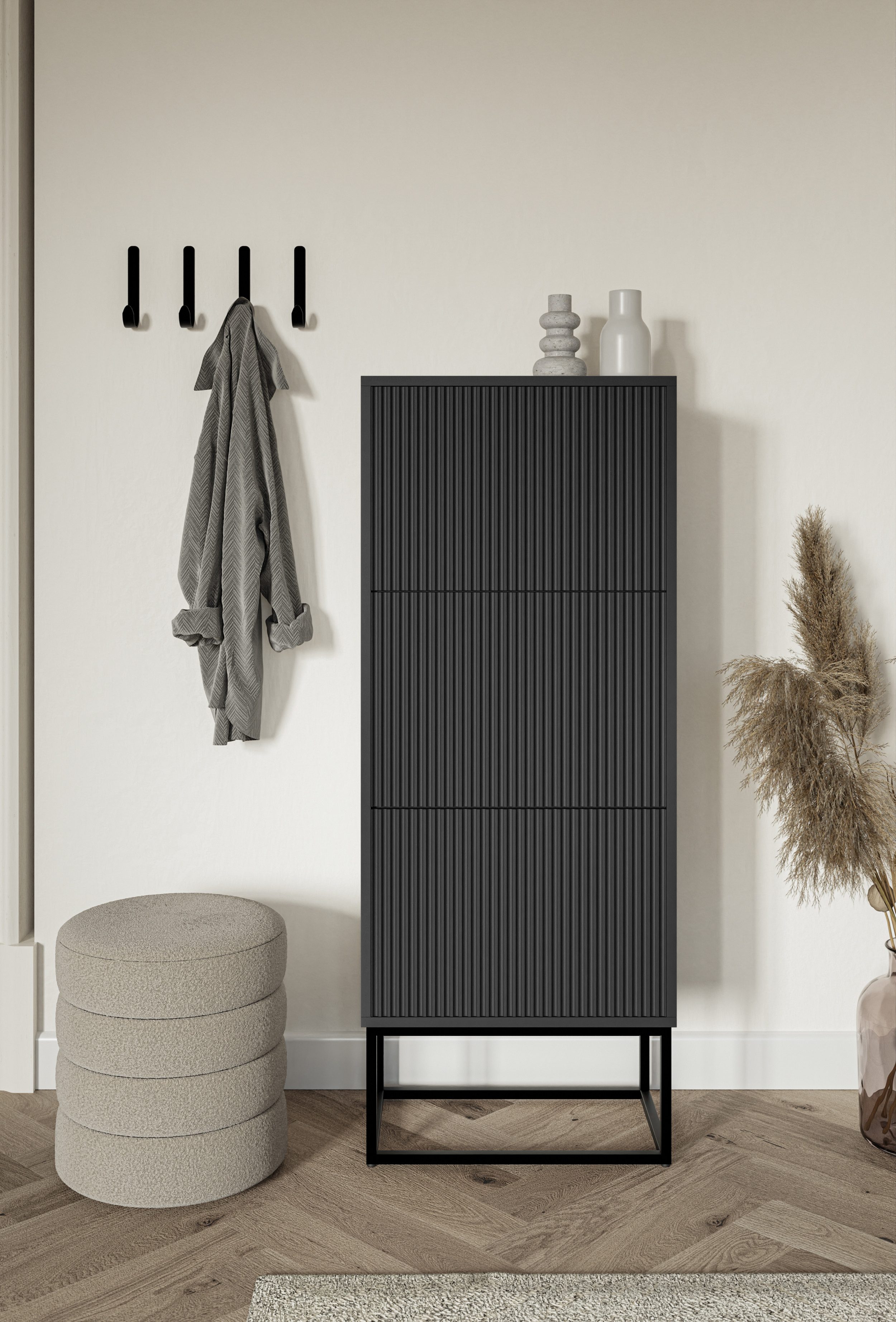 Selsey Schuhschrank VELDIO 3 Klappen mit geriffelten Fronten, schwarzes Met günstig online kaufen