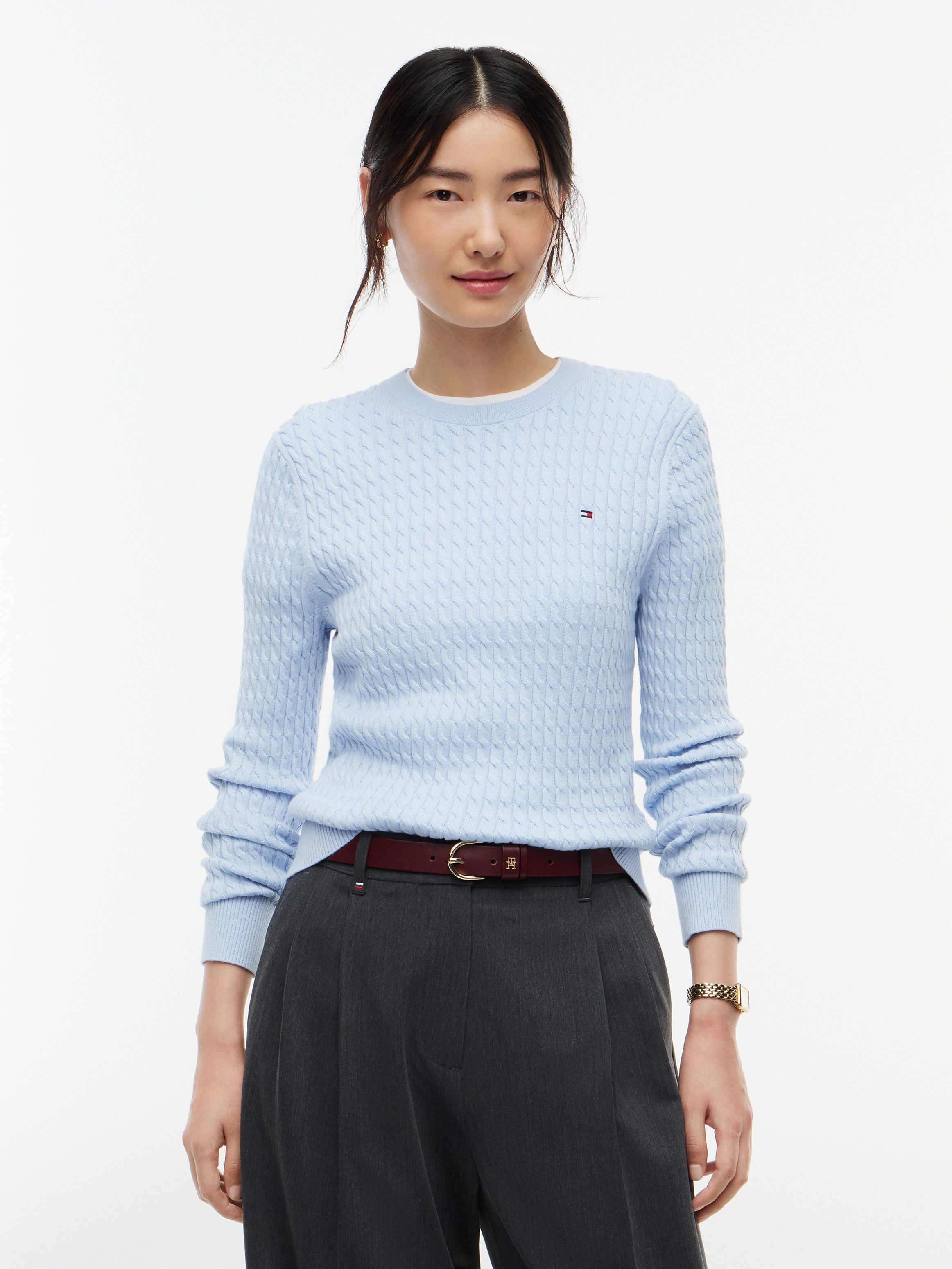 Tommy Hilfiger Rundhalspullover CO CABLE C-NK LS SWEATER Baumwolle, mit Zopfmuster, Regular Fit