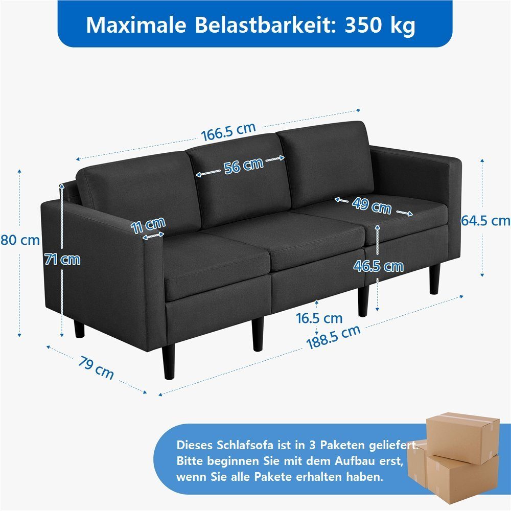 3-Sitzer-Sofa Couch Polstersofa Schlafsofa, schwarz für Yaheetech max.340 belastbar KG Personen, 3