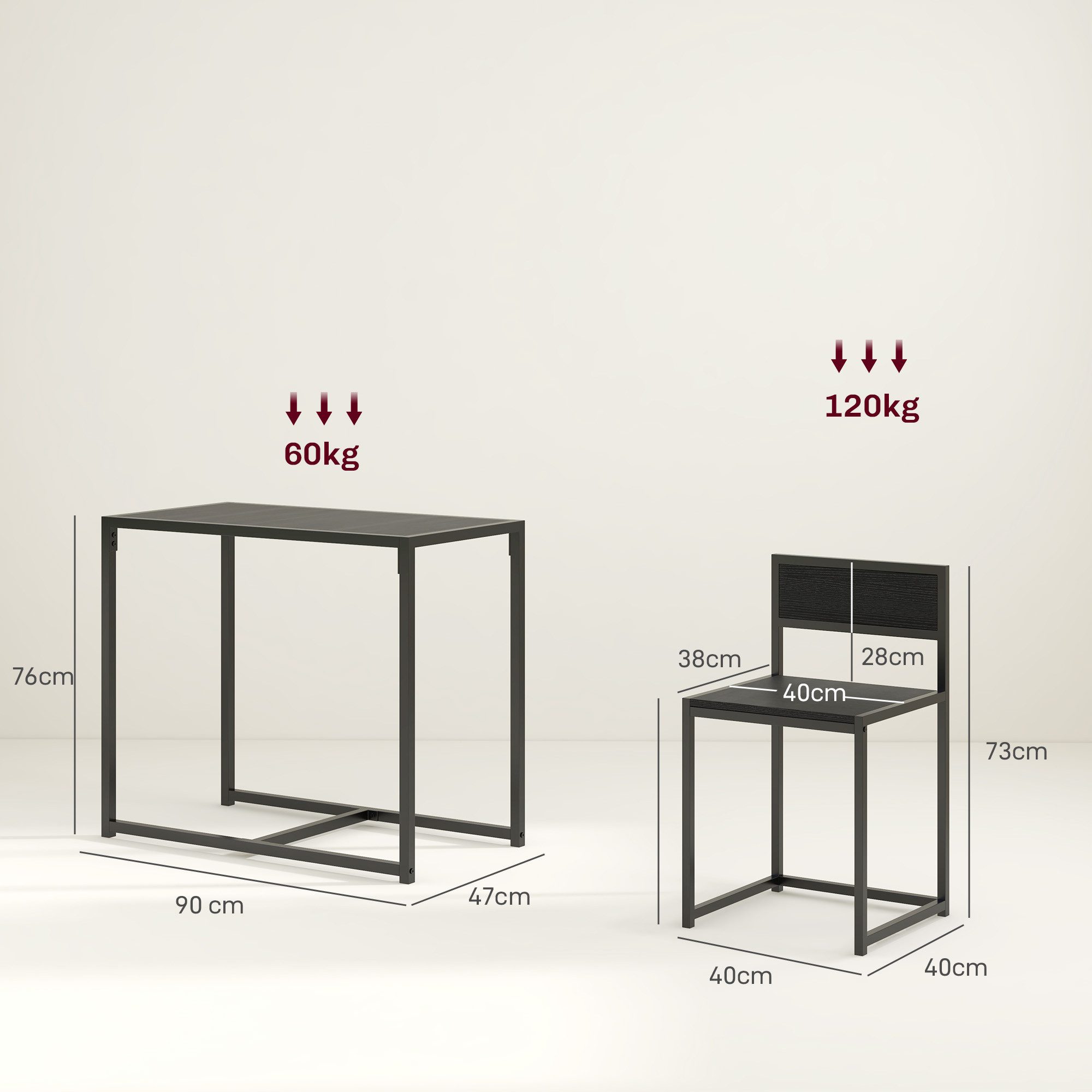 HOMCOM Essgruppe Esstisch mit 2 Stühlen Platzsparend Küchentisch-Set Schwarz, (Esstisch mit 2 Stühlen, 3-tlg., Platzsparend Esszimmergruppe), für Esszimmer, Küc – Bild 3 von 5