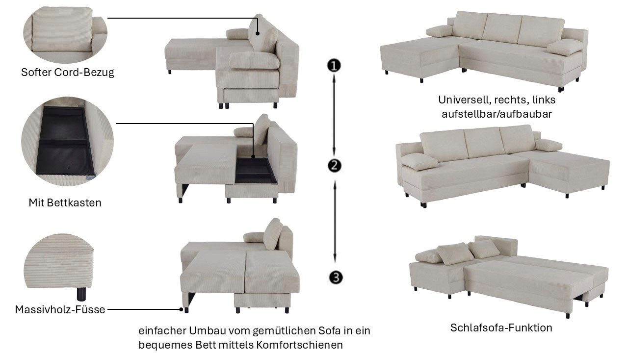 OTTO home Schlafsofa ONNIKO Ecksofa L-Form Cord, Breite: 240 cm, softer Cord-Bezug, mit Bettfunktion & Bettkasten (Liegefläche 120/240 cm) – Bild 3 von 5